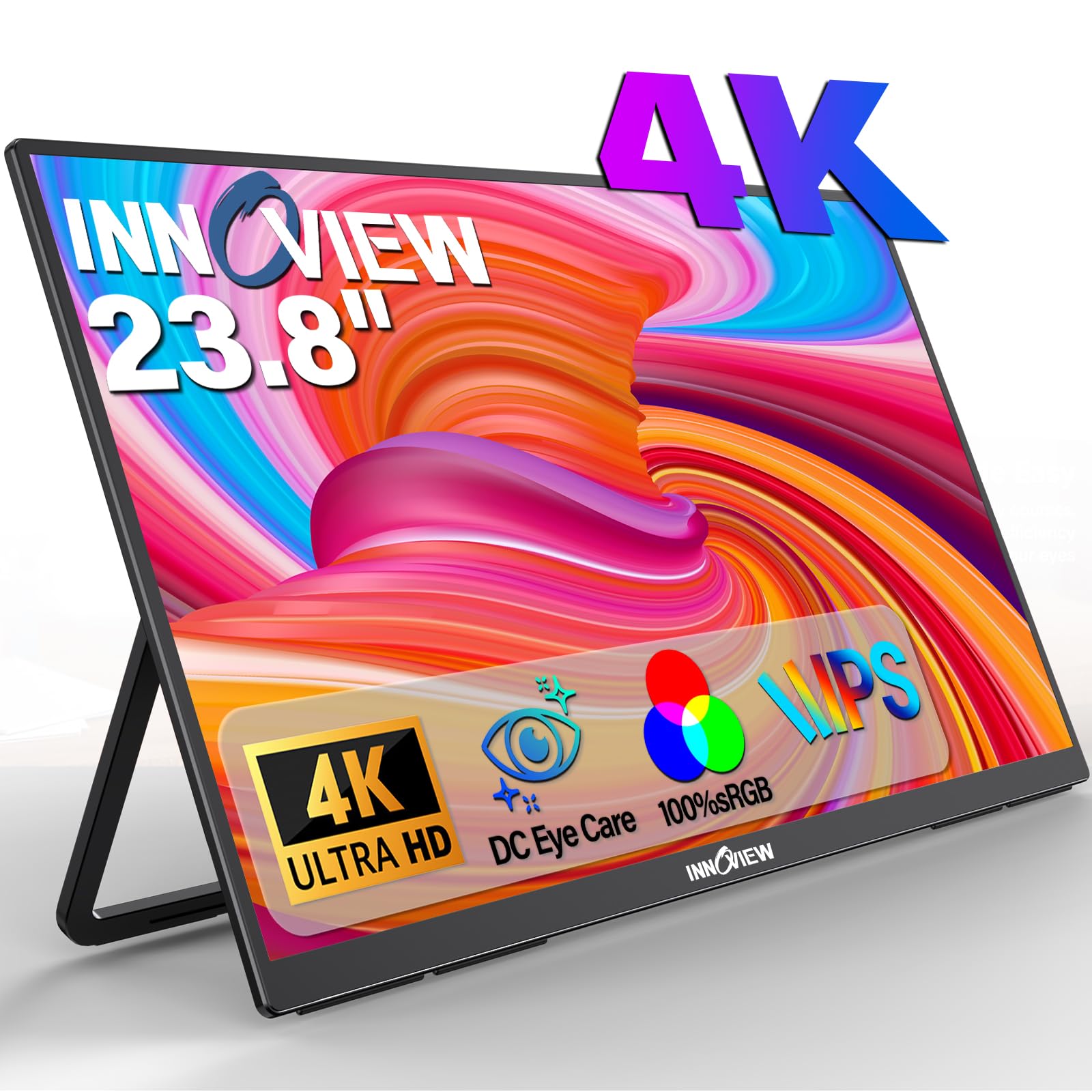Innoview 23.8    4K Large Portable Monitor, UHD (3840*2160) 100%sRGB IPS Speakers USB-C HDMI Work Home Second Monitor W/180Adjus