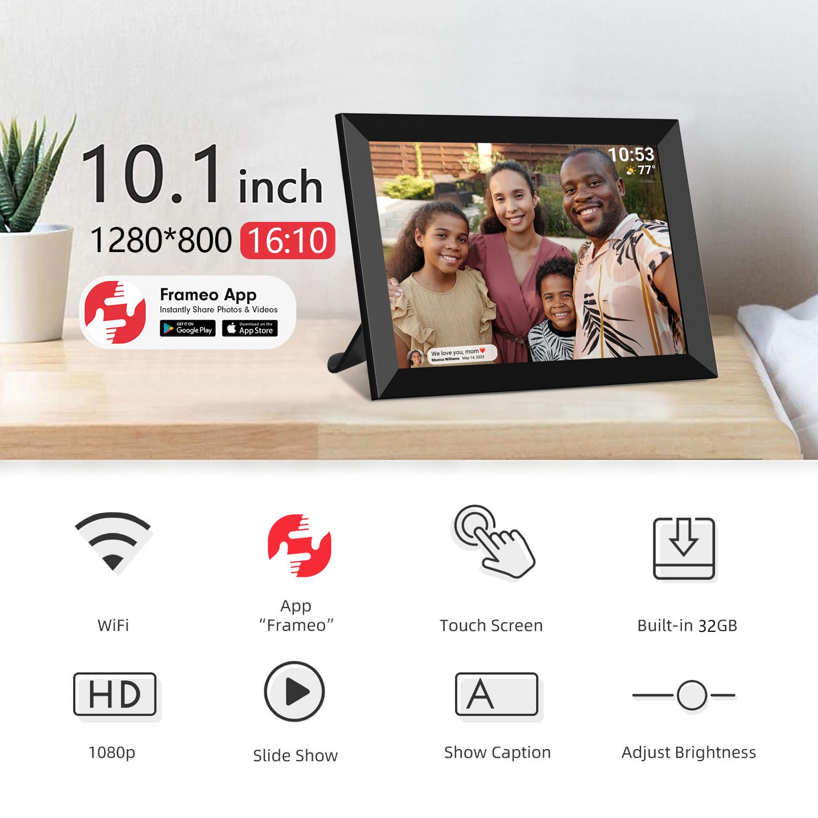 32Gb Frameo 10.1 Inch Wifi Digital Picture Frame 1280X800 Hd Ips Touch Screen Smart Cloud Photo Frame, Auto Rotate, Wall Mountab