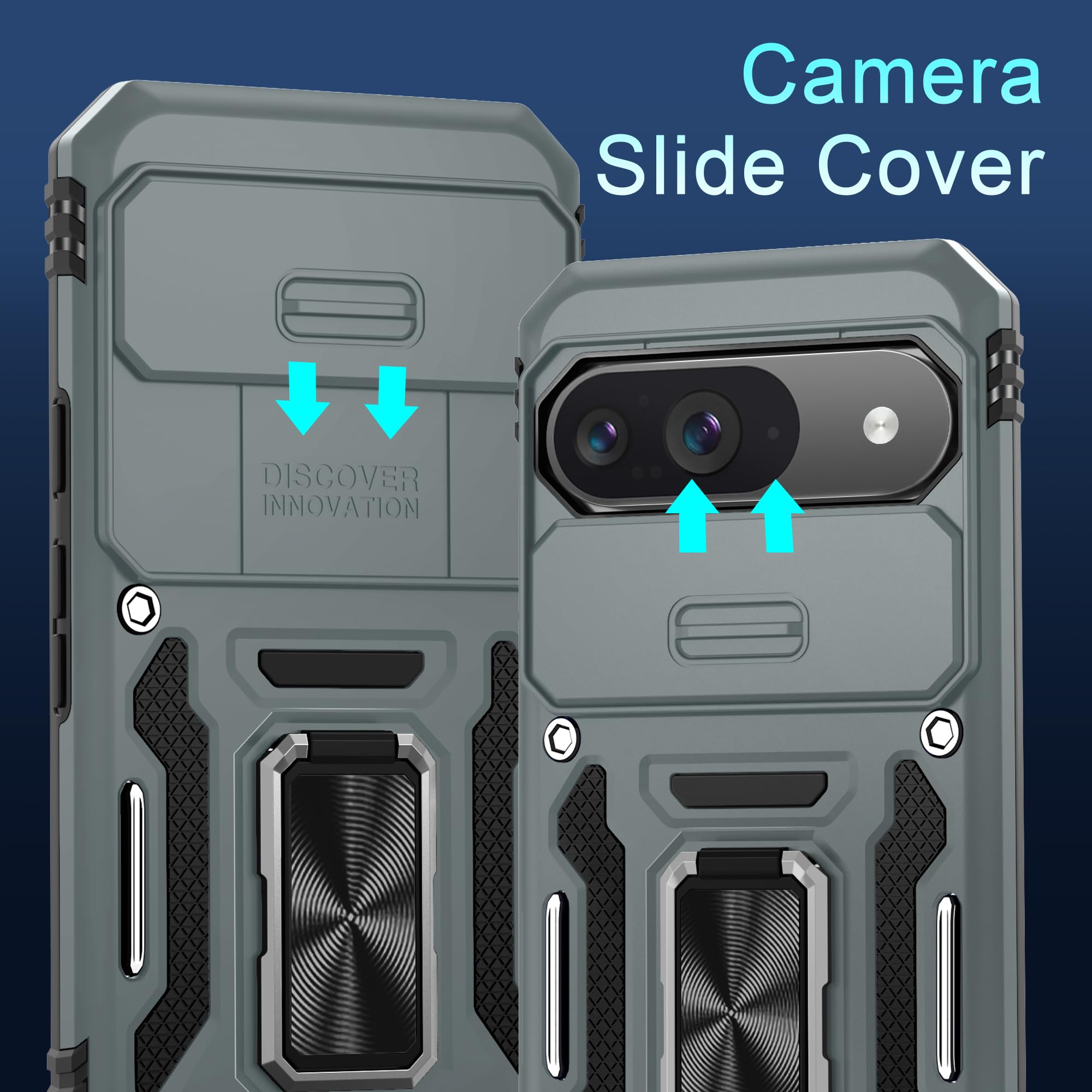 Deerlamn Case For Google Pixel 9/9 Pro With Slide Camera Cover+Screen Protector(1 Pack), Rotated Ring Kickstand Military Grade S