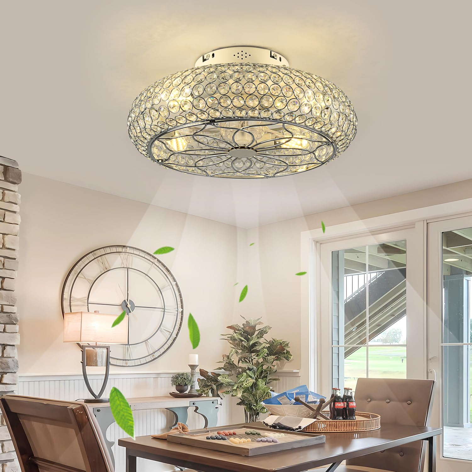 Xudom Caged Crystal Ceiling Fans With Lights And Remote,20'' Flush Mount Low Profile Ceiling Fan With Light,6 Speed Enclosed Cei