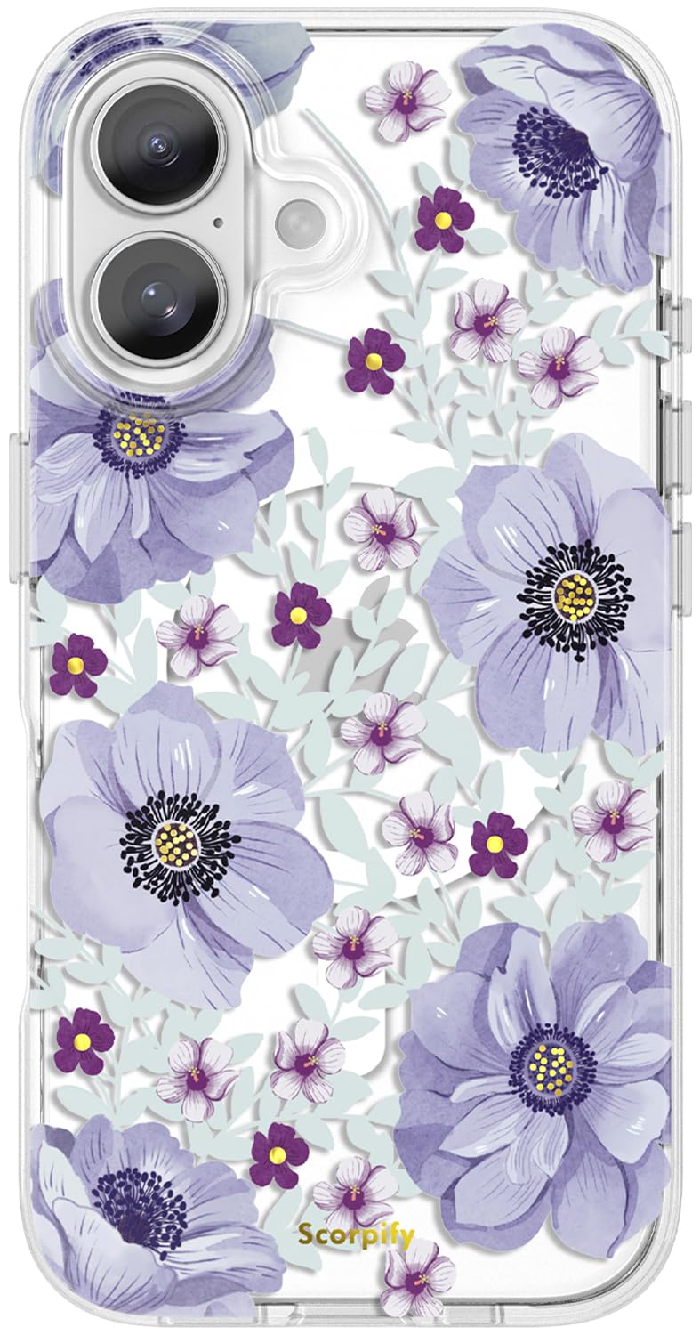 SCORPIFY for iPhone 17 Case [Compatible with MagSafe] with Purple Anemone Floral Design, Cute Clear Flower Phone Magnetic Cover 