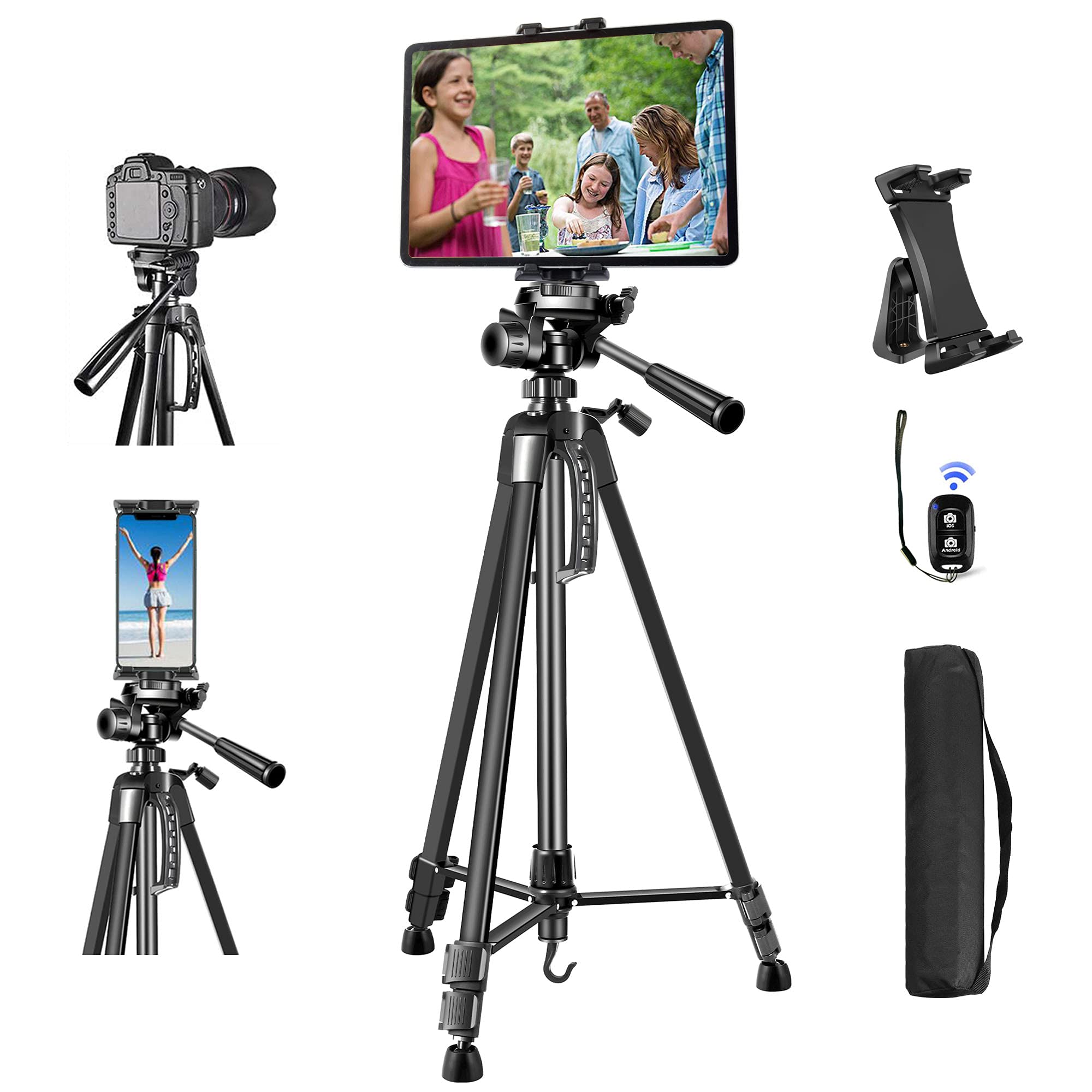 Tripod For Ipad Iphone, Heavy Duty Tablet Tripod Stand Mount Holder 60Inch Height With Remote For 3.5 To 13.5In Ipad Phone, Ipad