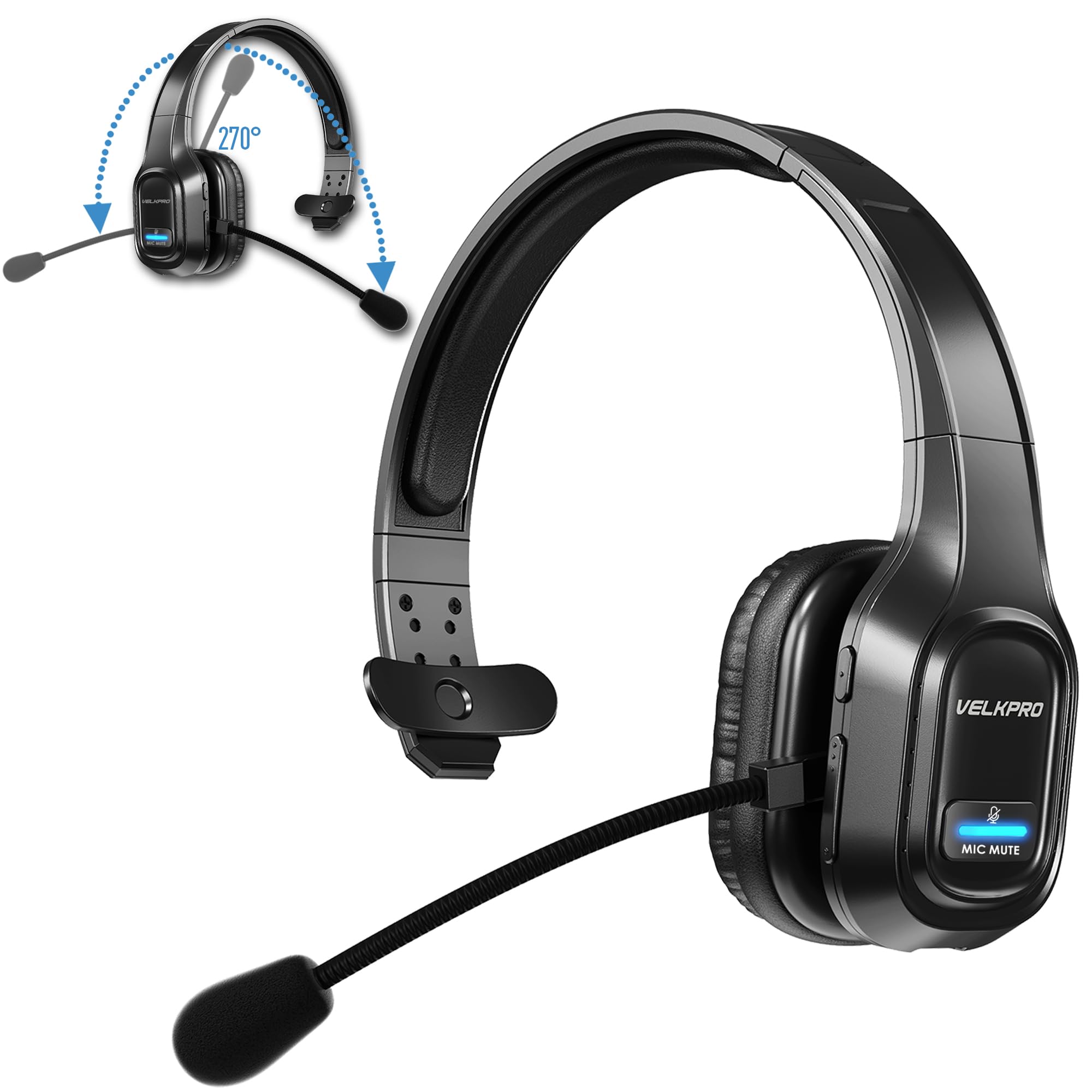 Velkpro Wireless Headset With Microphone   Single Ear Headphone, Adjustable Headband, Noise Isolation Mic   Communication For Tr