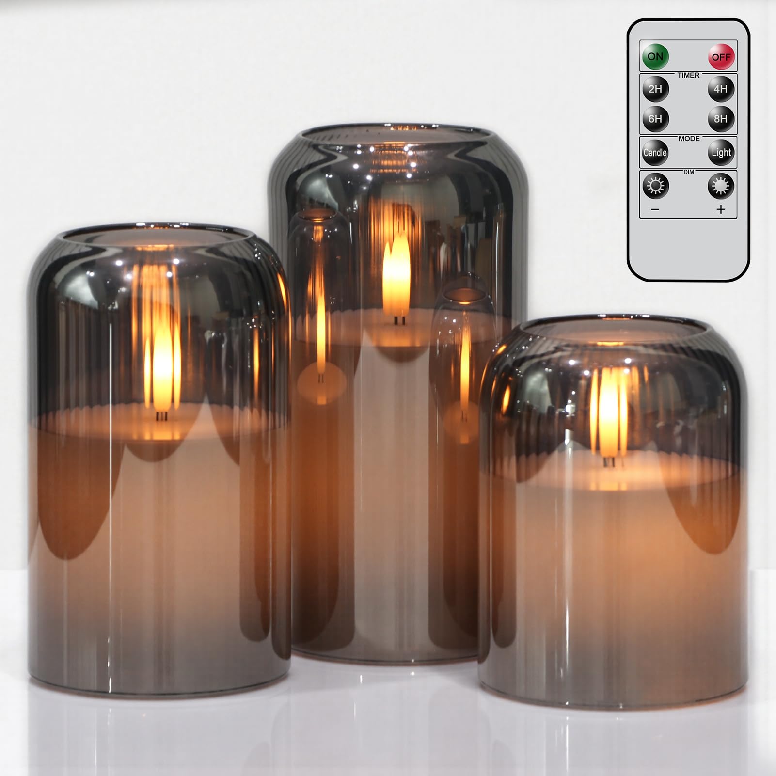 Lasumora Black Glass Flameless Candles with Remote, Battery Operated Ribbed LED Pillar Candles Flickering Real Wax Candle, 3D Wi