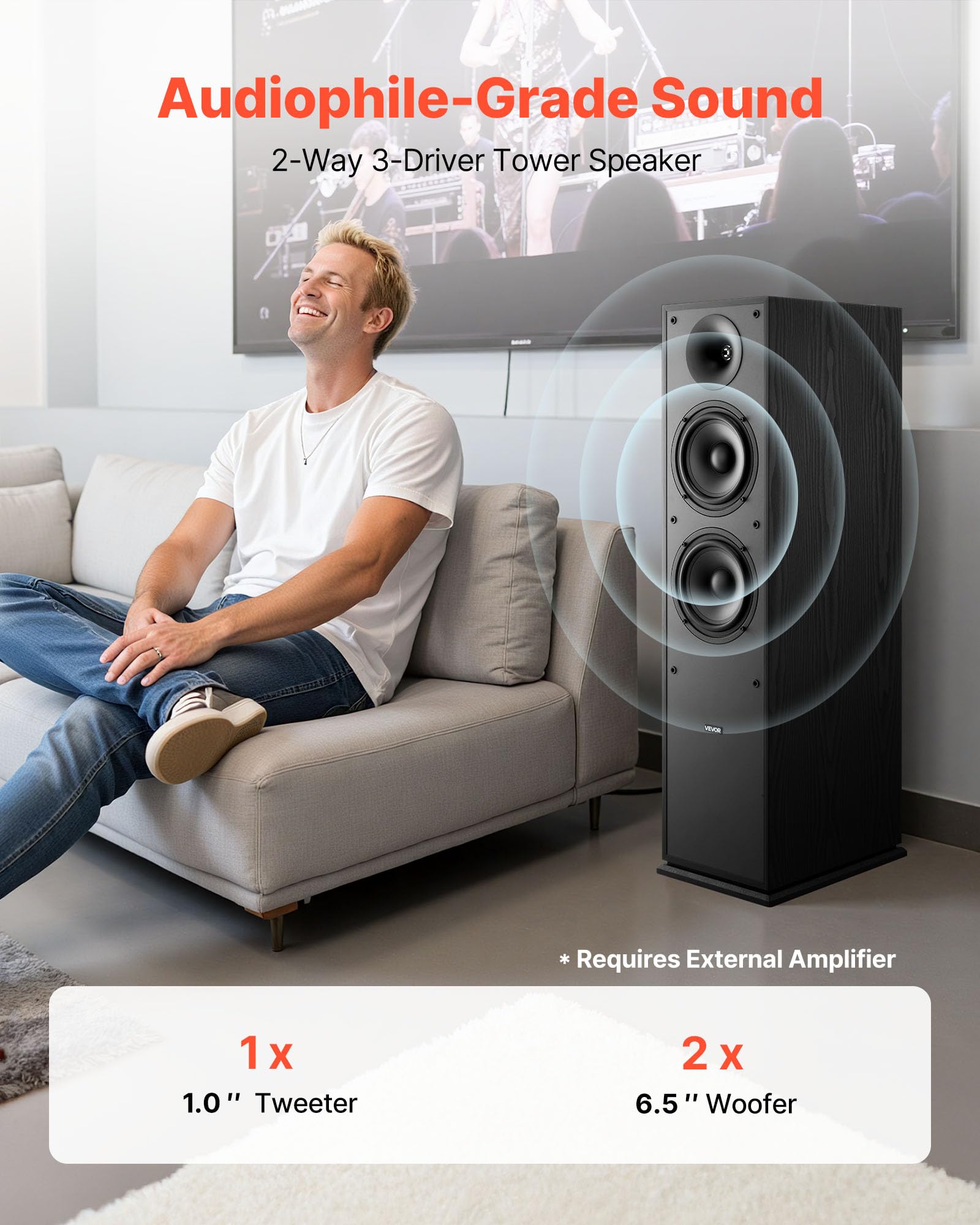 Vevor Passive Floorstanding Speakers, 2-Way, Floor-Standing Tower Speakers With 1 In Tweeter, 6.5 In Woofers, 400W Peak, 65Hz-20