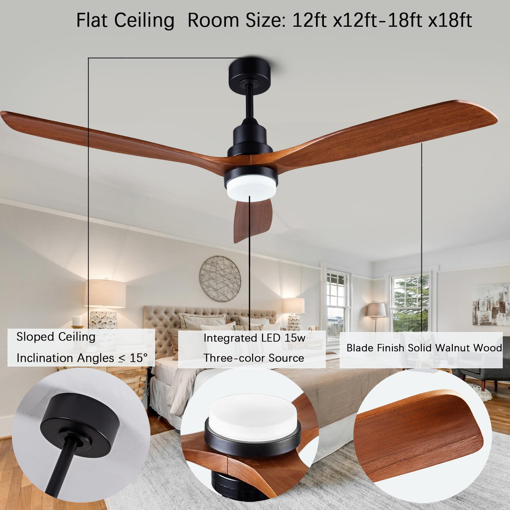 Dearnow 60    Ceiling Fan [With Lighting Remote], Indoor Outdoor Mute, Modern Wooden Ceiling Fan [With 3 Solid Wood Blades] For