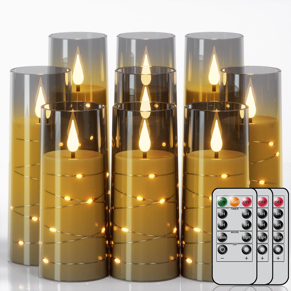 Genswin Flickering Flameless Candles With 3 Remote Timer, 9 Pack Led Battery Operated Candles With Embedded Star String For Fall