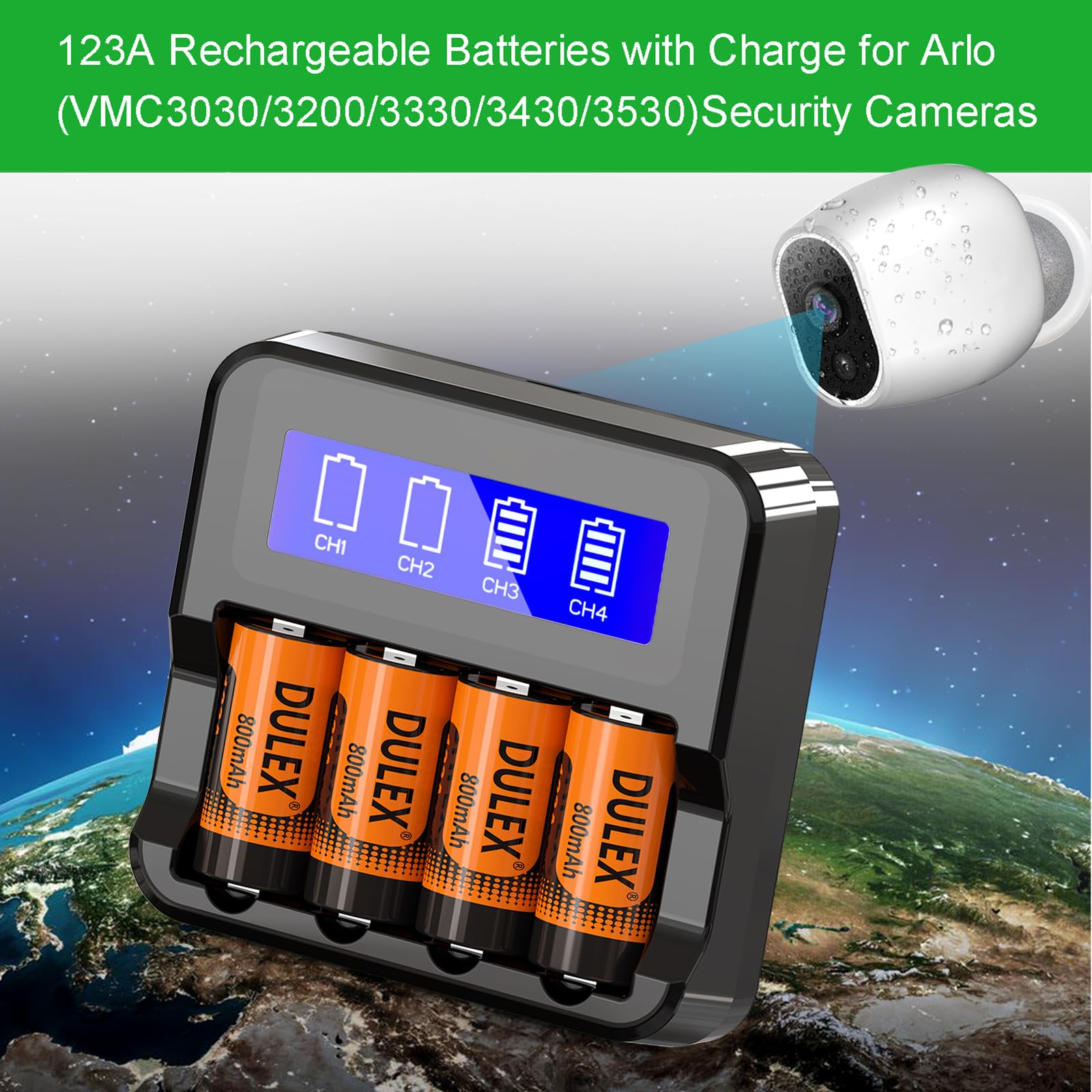 DULEX CR123A Rechargeable Batteries 12-Pack 800mAH for Arlo Security Cameras and Flashlights