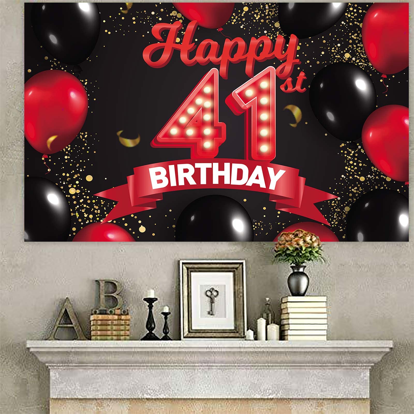 Happy 41St Birthday Red And Black Banner Backdrop Decorations Balloons Theme Decor For Girls Women Princess 41 Years Old Birthda