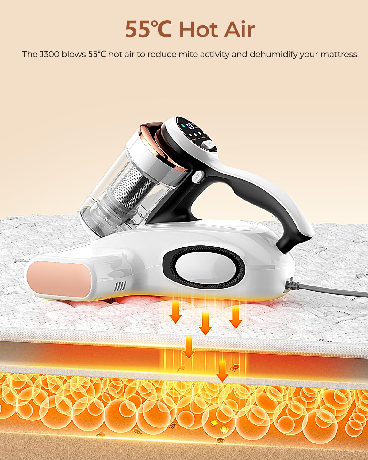 JIGOO J300 Bed Vacuum Cleaner - 13Kpa Suction, UV & Ultrasonic, Corded, White