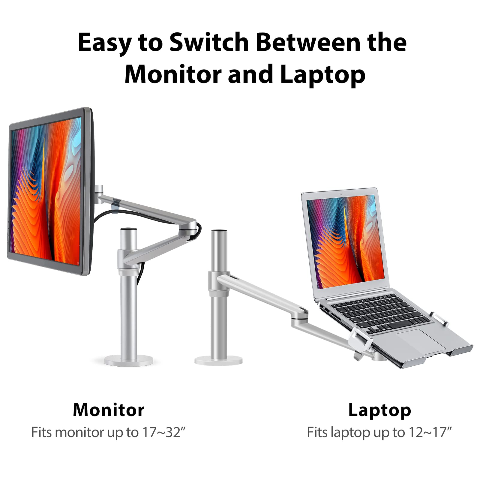 Viozon Laptop/Notebook/Projector Mount Stand,Height Adjustable Single Arm Mount Support 12 17 inch Laptop/Notebook/Tablet, Free Removable VESA 75X75 and 100X100 for Monitor 17 32 inch (Silver)