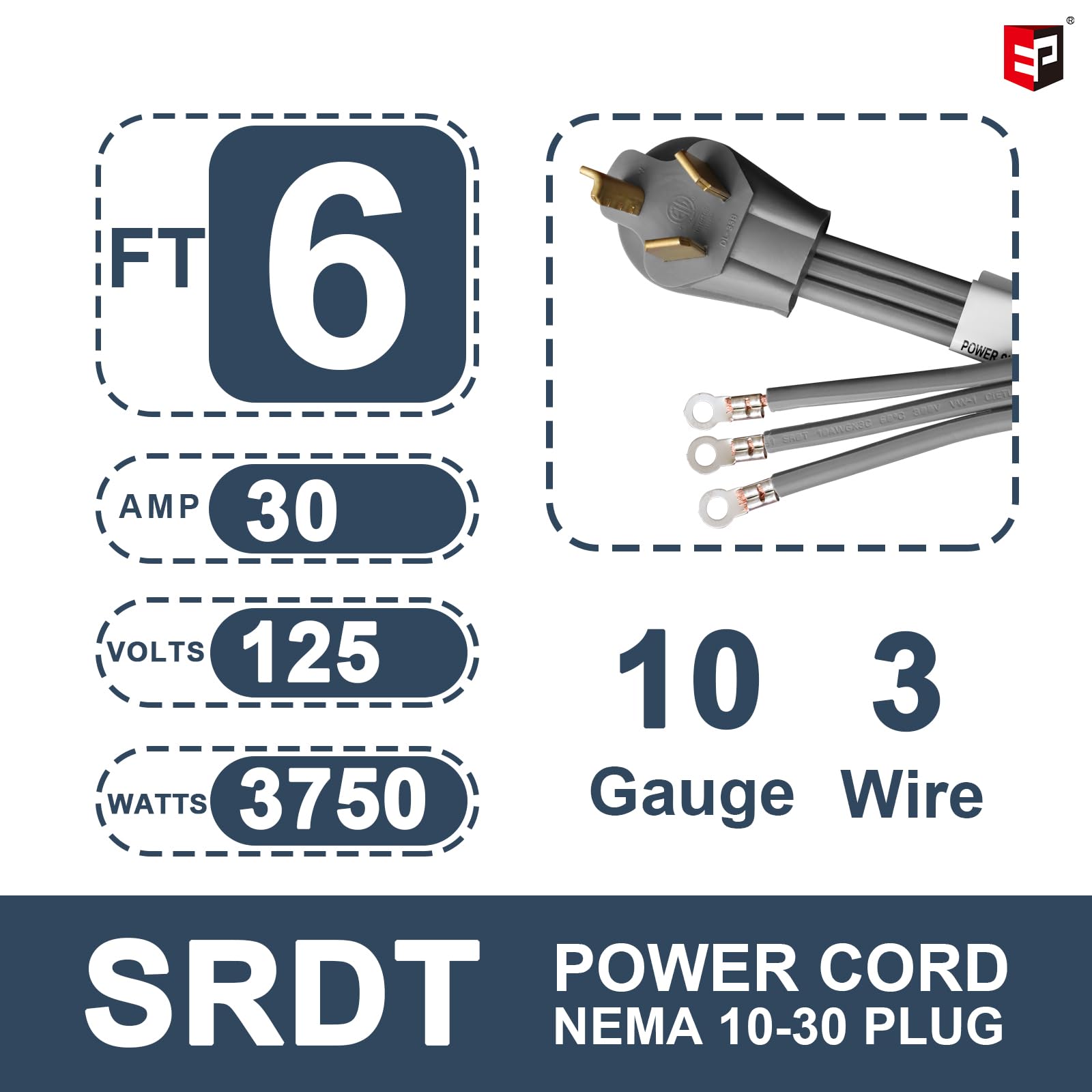 Ep 3 Prong Dryer Cord, 6 Ft 10/3 Srdt, 30 Amp Appliance Extension Power Cord, Nema 10 30, Gray