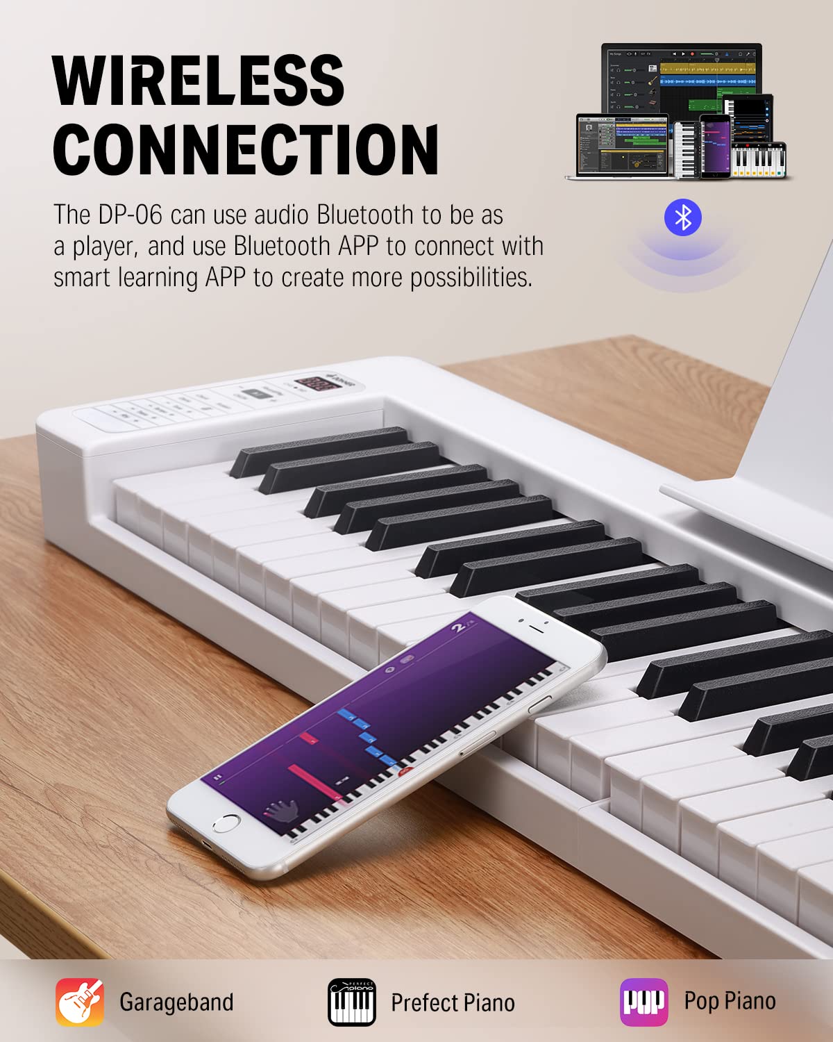 Donner Folding Bluetooth Piano Keyboard, 61 Keys Sensitive Travel Piano Keyboard For Beginner, Portable Music Keyboard With Musi