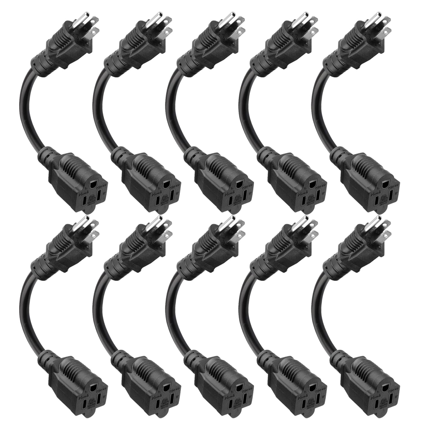 Kasonic 8 Inch Short Power Extension Cord Outlet Saver, Etl Listed, Sjtw 16Awg/13A 3 Prong Indoor/Outdoor Use, 10 Pack, Black