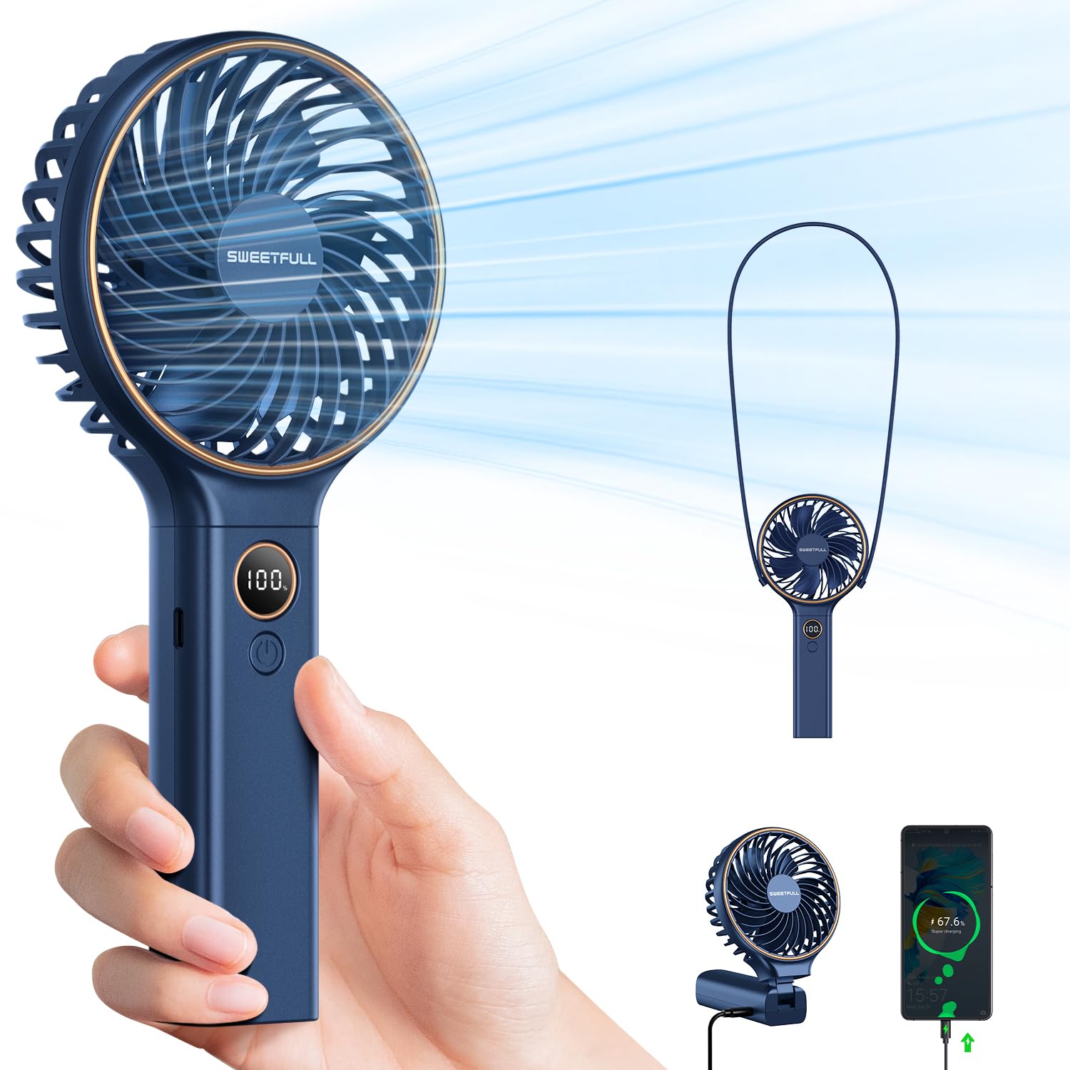 Sweetfull Handheld Fan,5000Mah Portable Fan Mini Fan Small Personal Fan With Backup Power,Desk Fan Hand Held Fan Rechargeable Ba