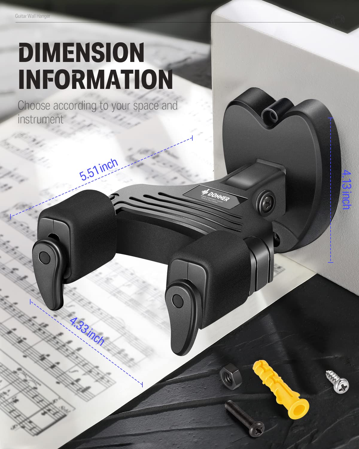 Donner Guitar Wall Mount Locking 3 Pack, Guitar Wall Hangers Auto Lock For Acoustic Electric Guitar Bass Mandolin, Black