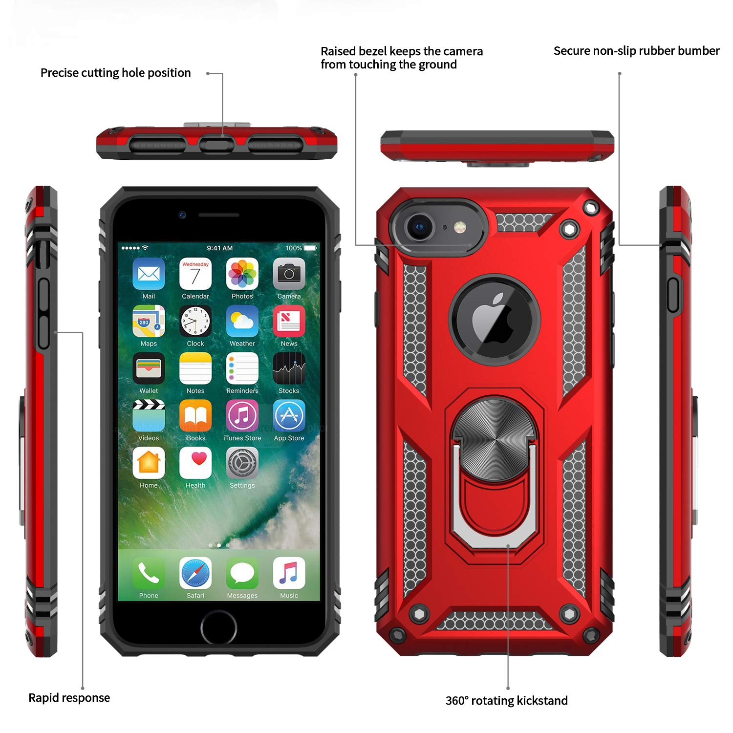 LeYi iPhone 6/6s/7/8 Case - Military-Grade Dual Layer Protection, 360° Kickstand, Red