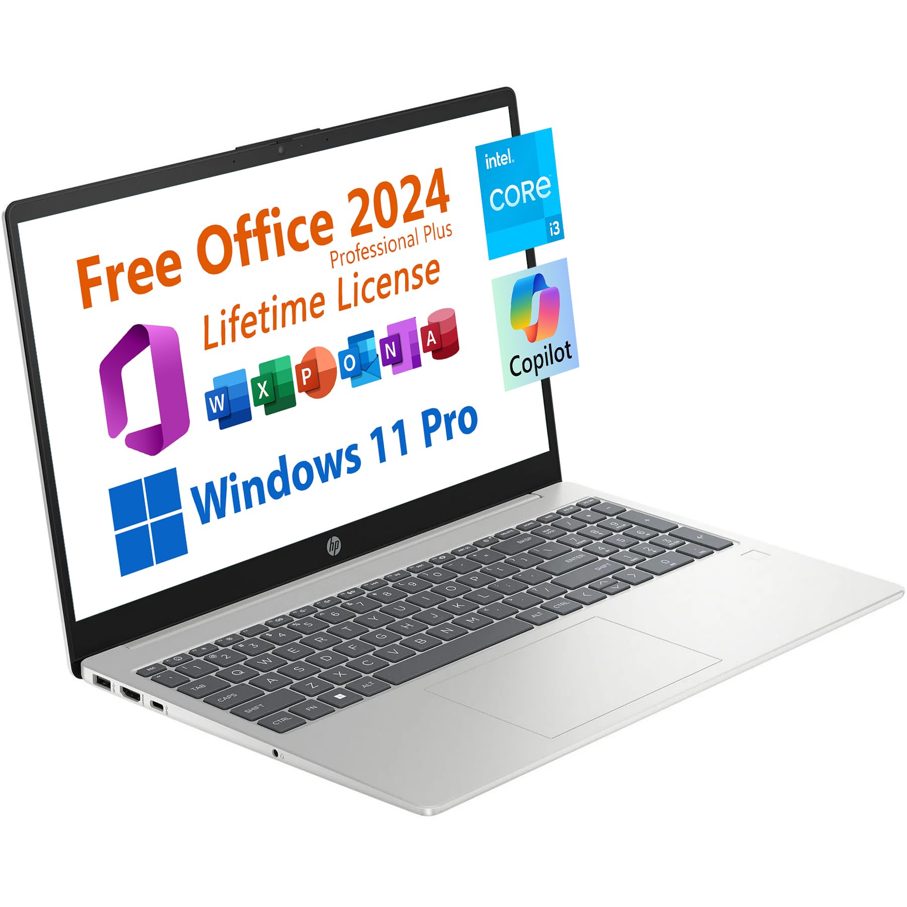 Hp 15.6 Business Student Laptop, Free Microsoft Office 2024 Lifetime License, Copilot Ai Chat, Fhd Non-Touch, Intel 8-Core I3-N3
