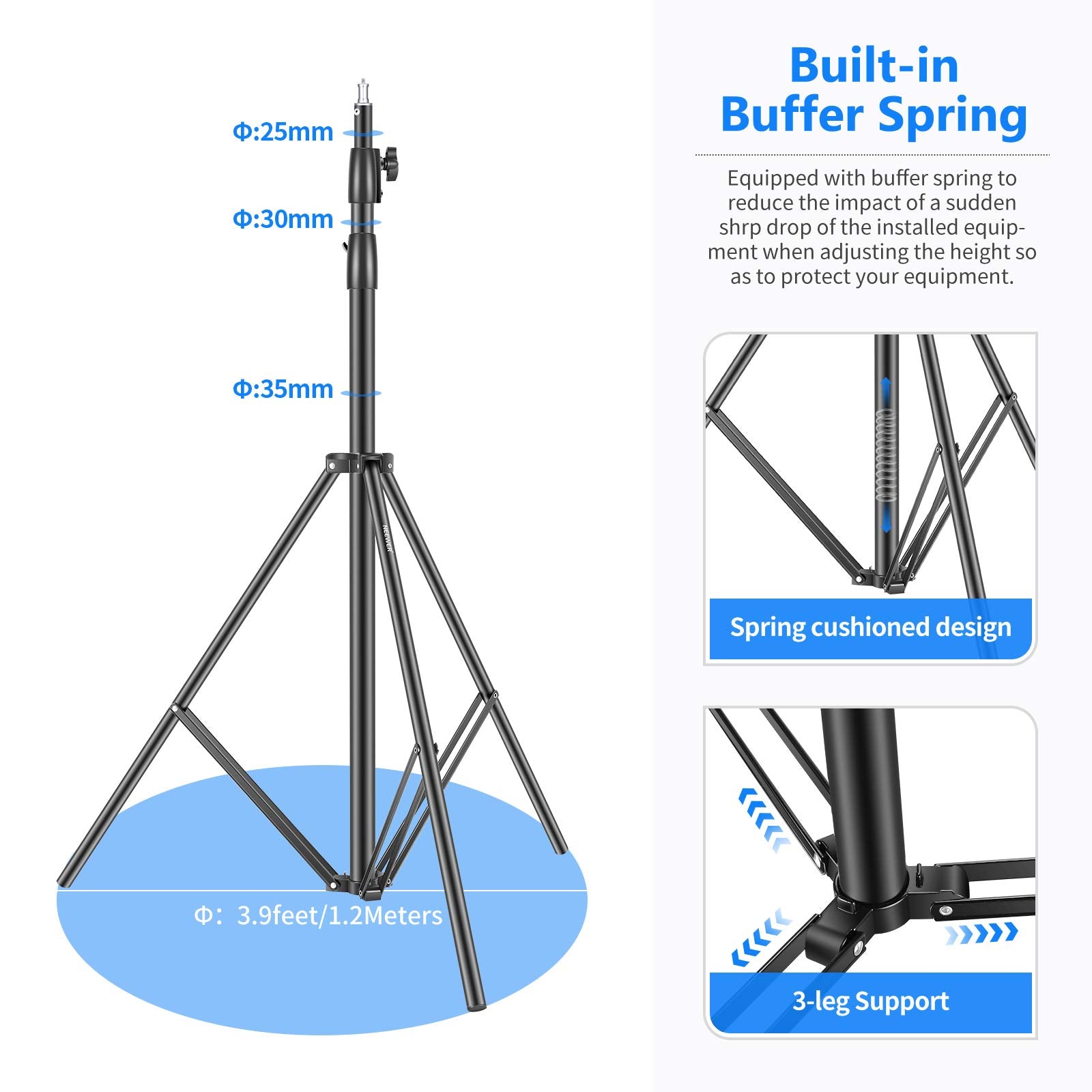 Neewer Heavy Duty Light Stand 10 Feet/3 Meters Adjustable Spring Cushioned Metal Photography Tripod Stand For Photo Studio Softb