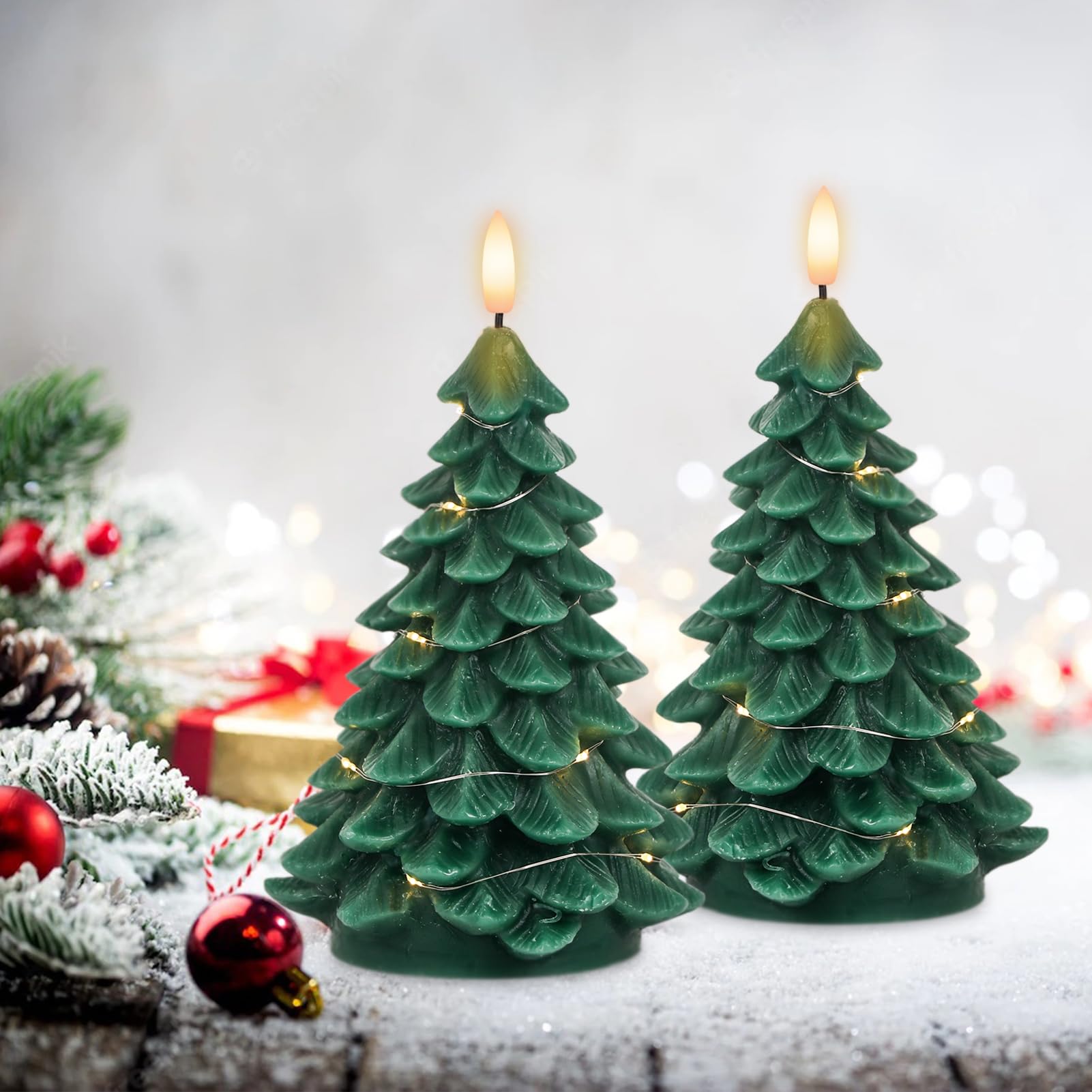 Lasumora Christmas Tree Shaped Led Candles With Remote Timer, 2 Pcs Flameless Pillar Candles With Embedded String Lights, Batter