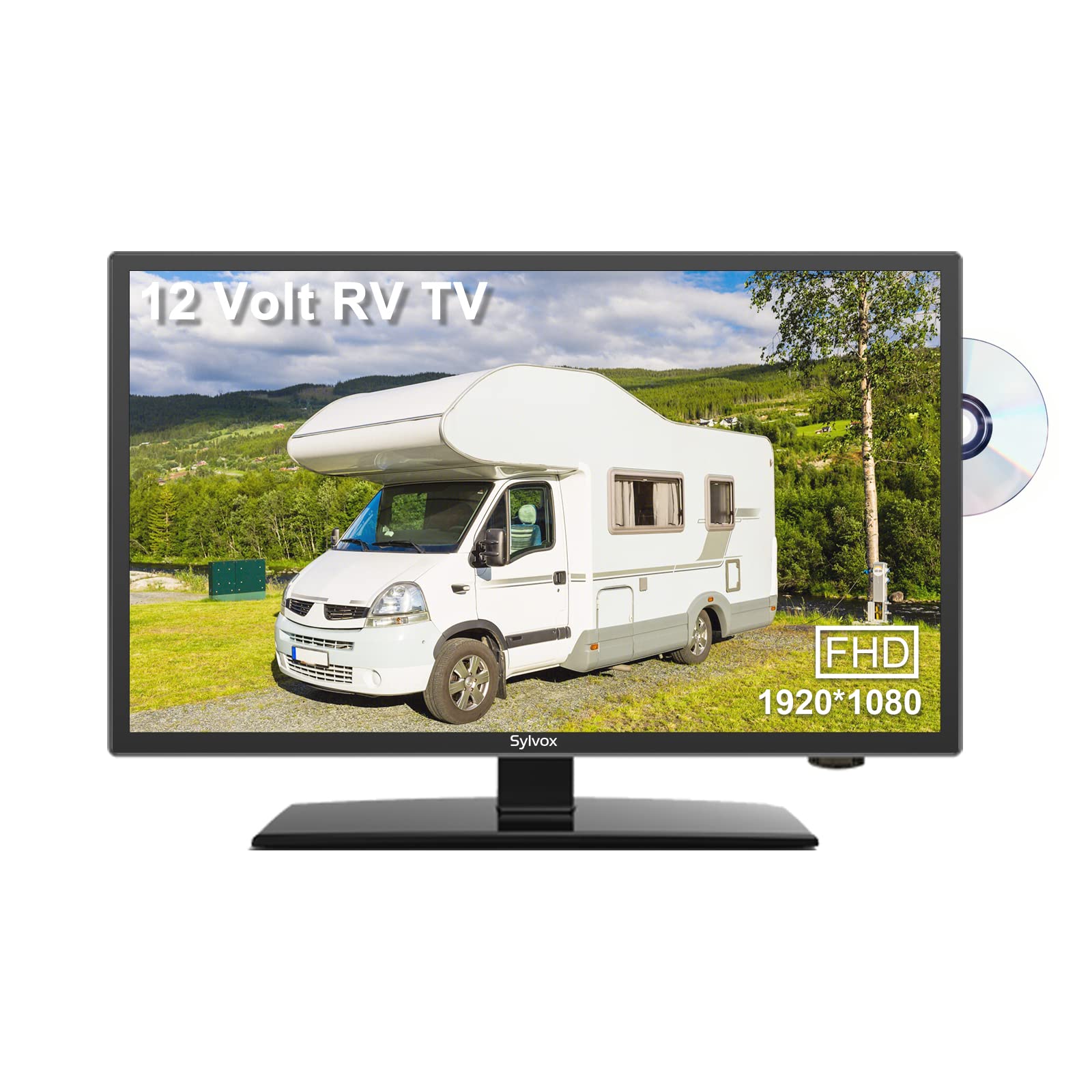 SYLVOX 22 Inch RV TV, 1080P Television 12/24 Volt DC Powered Integrated HDTV(ATSC) Tuner, Built-in DVD Player Speaker FM Radio, 