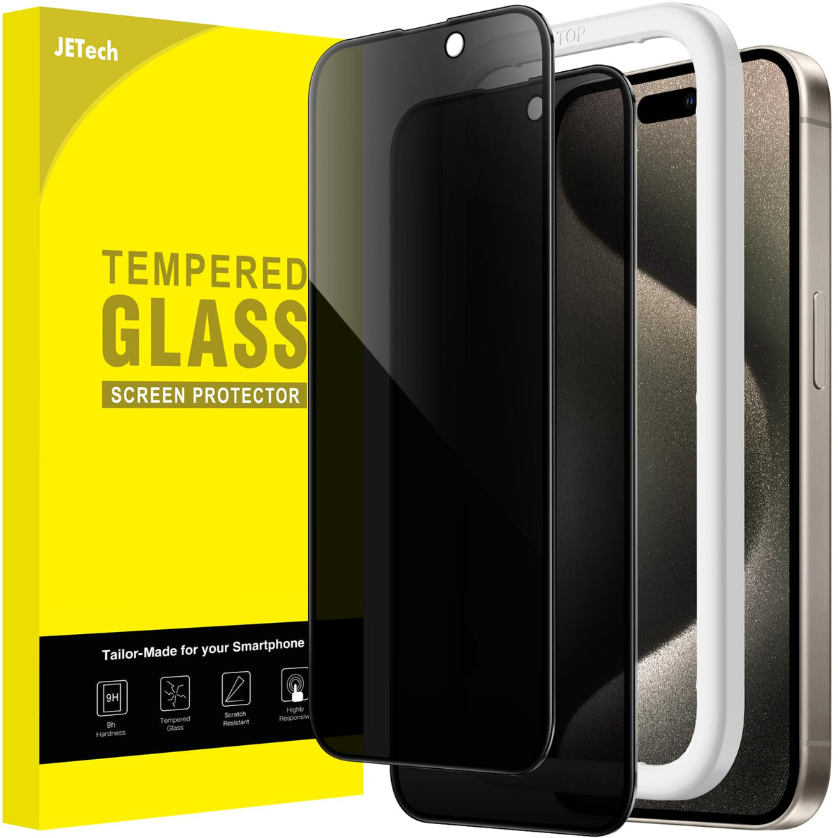 Jetech Privacy Full Coverage Screen Protector For Iphone 15 Pro Max 6.7 Inch, Black Edge Anti Spy Tempered Glass Film With Easy