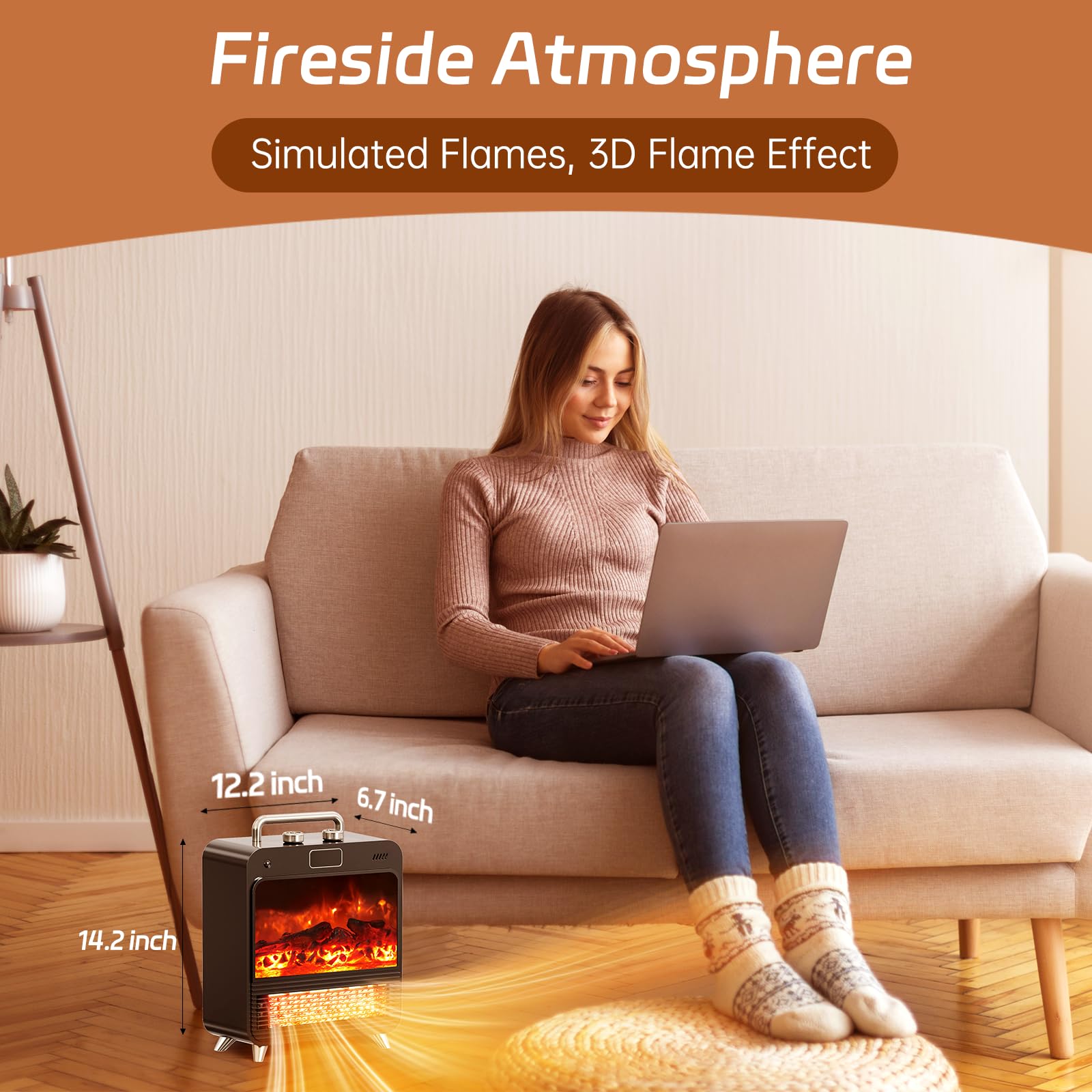 Feculs Electric Fireplace Heater, 3 In 1 Portable Fireplace Heaters For Indoor Use, 750/1500W Space Heater Indoor, Realistic 3D