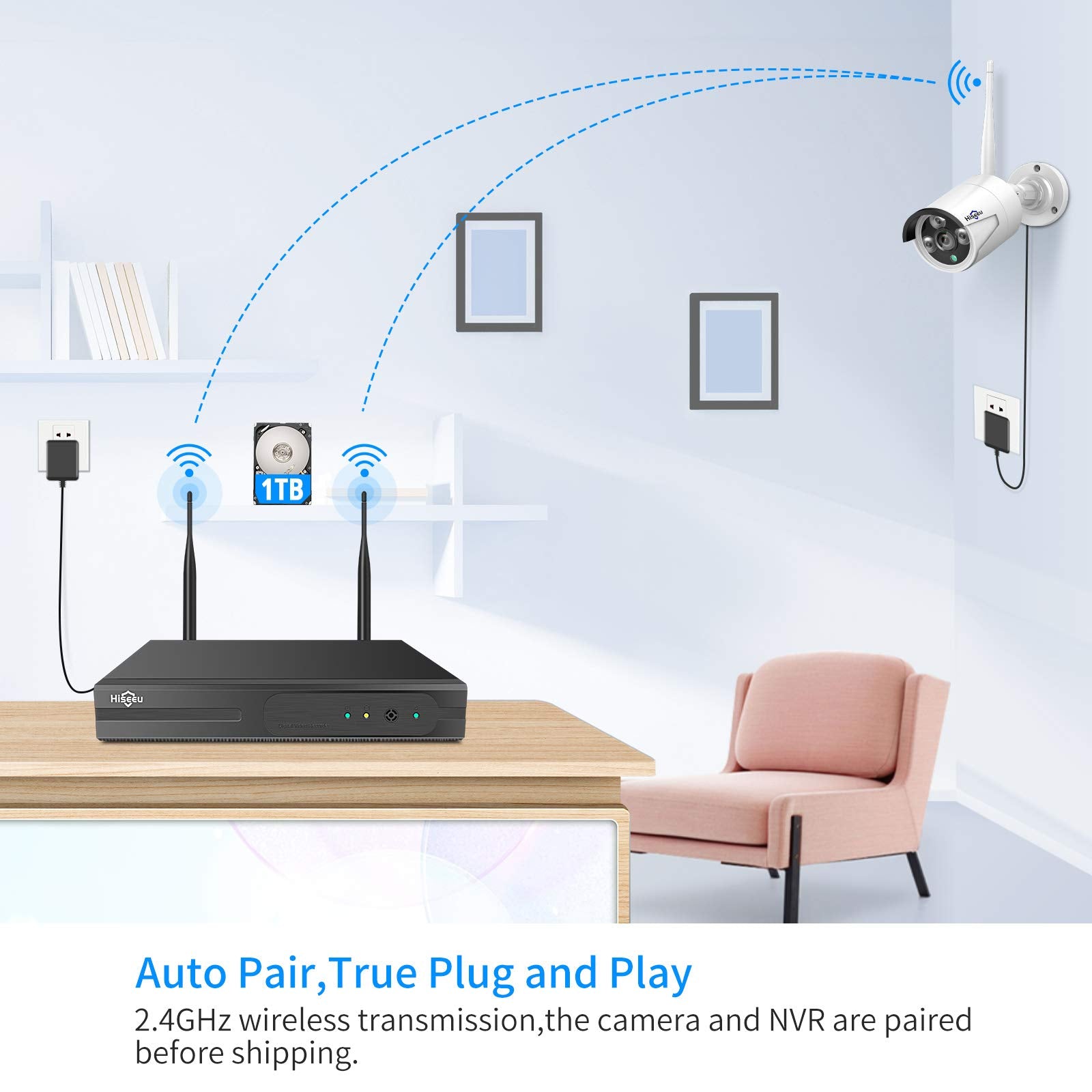 [500G Hard Drive] Hiseeu 5Mp Wireless Security Camera System With One Way Audio,4Pcs 5Mp Outdoor/Indoor Wifi Surveillance Cameras, Hd Video,Night Vision, Weatherproof,Motion Detection,Dc12V Power Cord