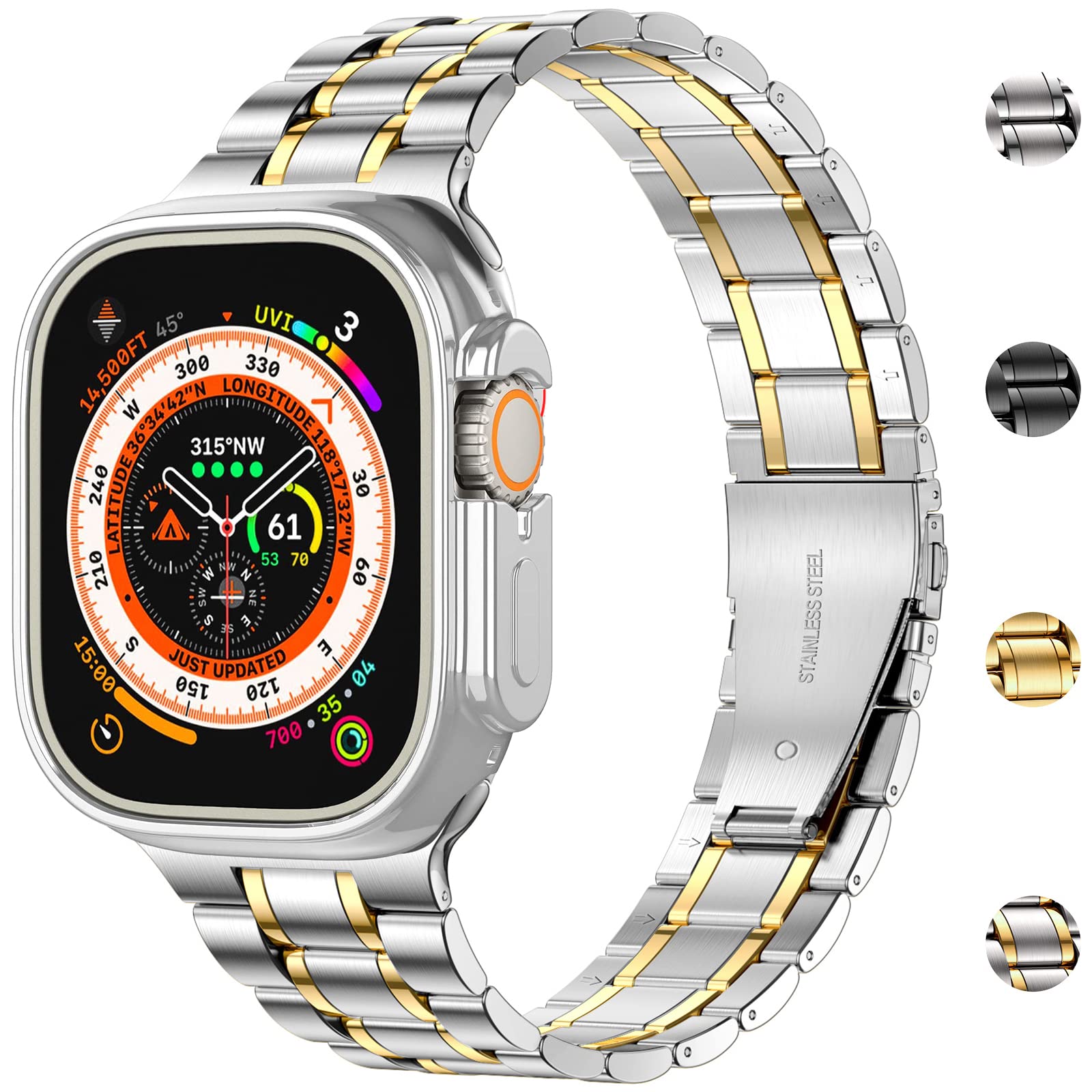 Miohhr Solid Stainless Steel Band Compatible With Apple Watch 49Mm, Metal Strap With Soft Tpu Case For Iwatch Series Ultra/Ultra
