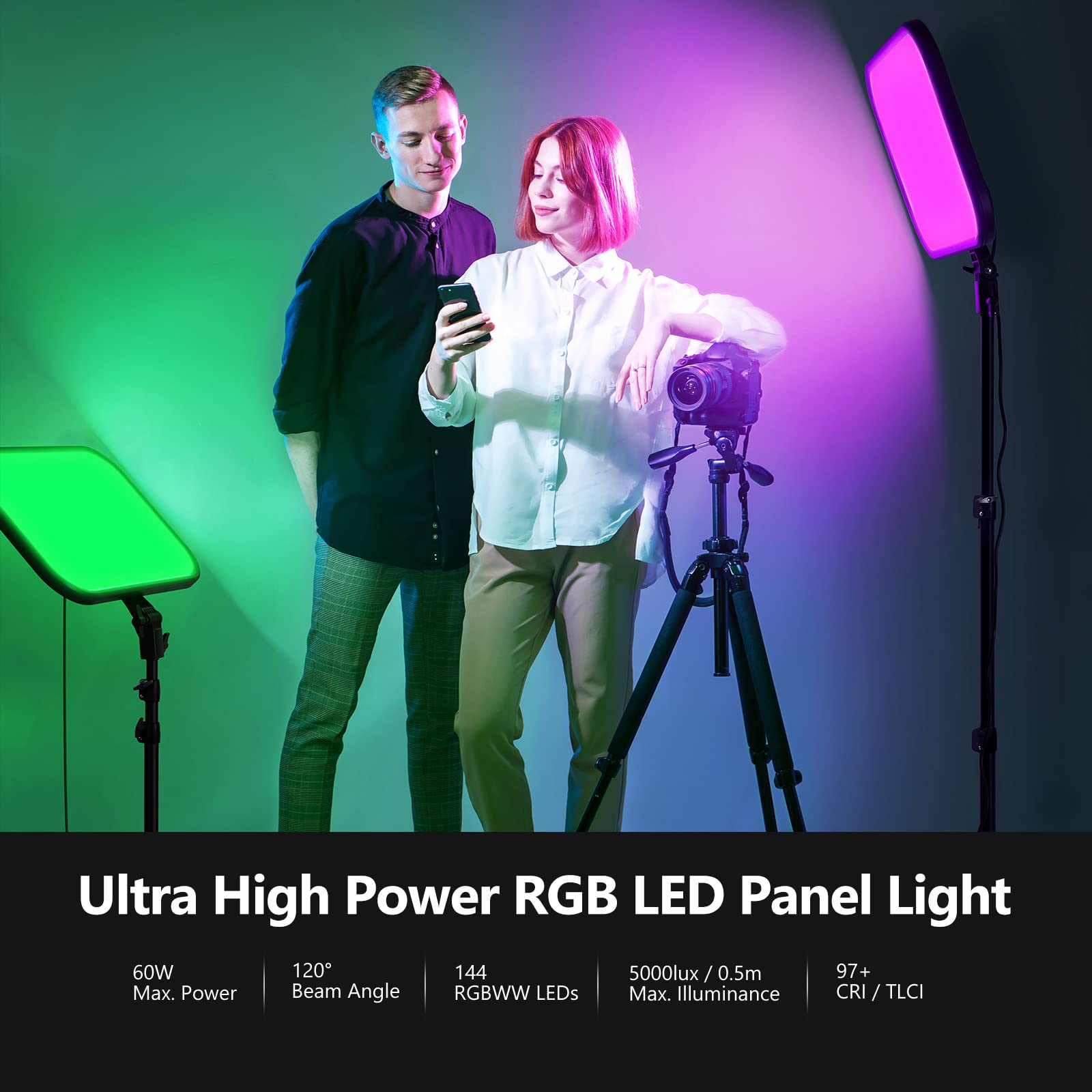Neewer 18.3'' Rgb Led Video Panel Light With App Control, 2 Pack Stand Kit, 360 Full Color/2500K~8500K/Cri97+/17 Scene Effects,