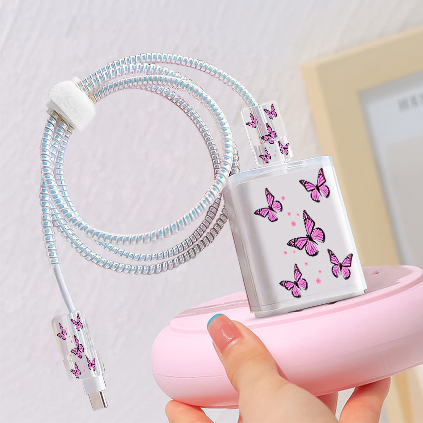 Cute Phone Charger Storage Case Cover Set Pink Butterfliy Flowers Carrying Bag With Cable Protector Cord Organizer,Cable Chomper