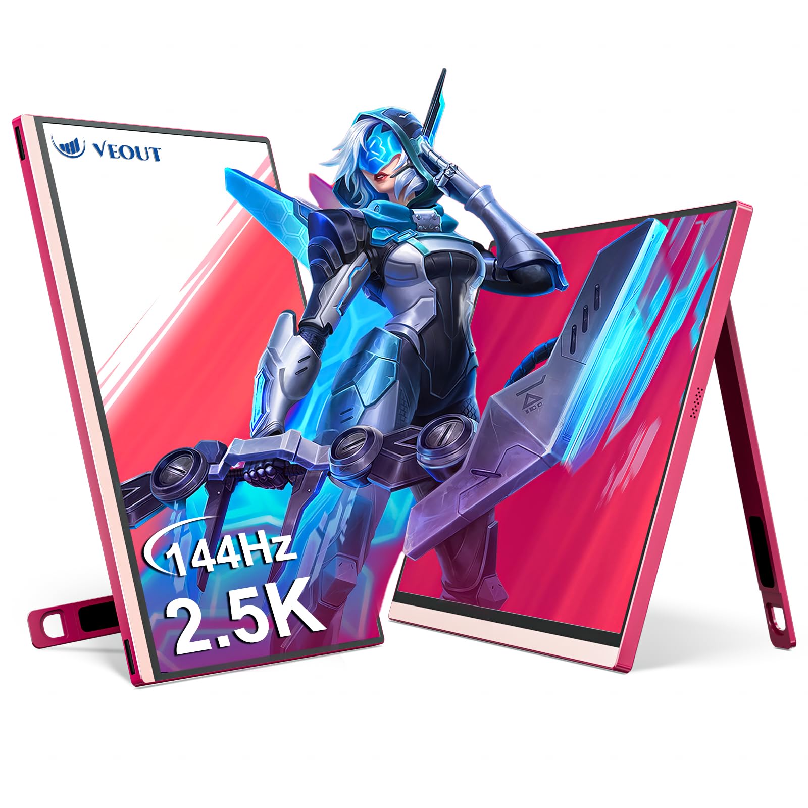 Veout Pink Portable 2.5K Gaming Monitor - V1 Pro, Support 60/120/144Hz IPS FHD External Display with FreeSync HDR, Dual USB-C & 