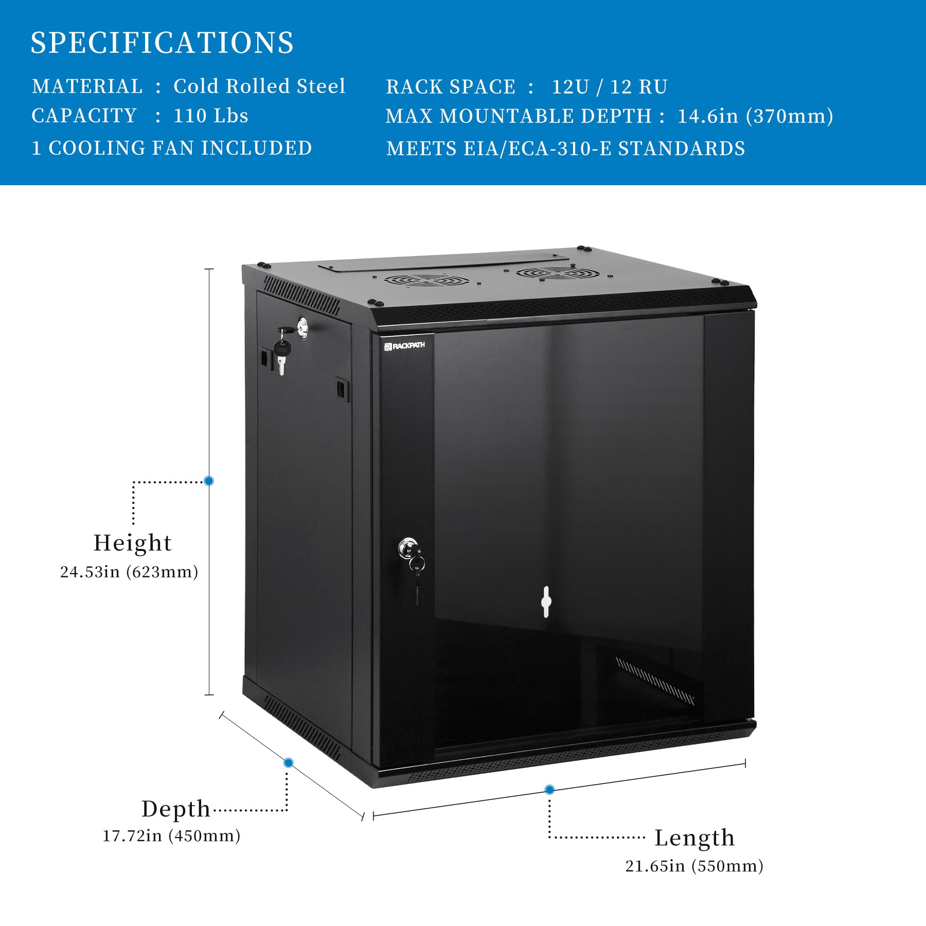 Rackpath 12U Performance Wall Mount Server Cabinet Network Rack Enclosure, Quiet Cooling Fan, Locking Glass Door, Black