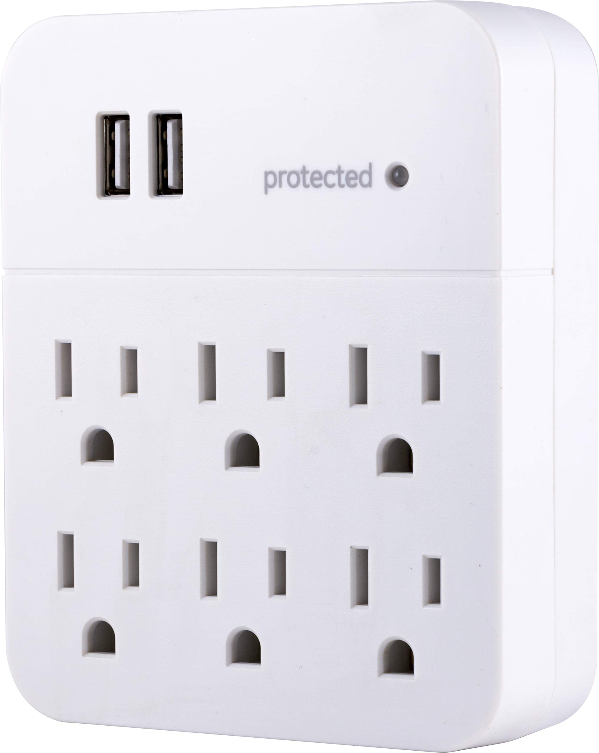 Ge 6-Outlet Extender Surge Protector With 2 Usb Ports, Charging Station, Wall Tap Adapter, Protected Indicator Light, 3-Prong, 5