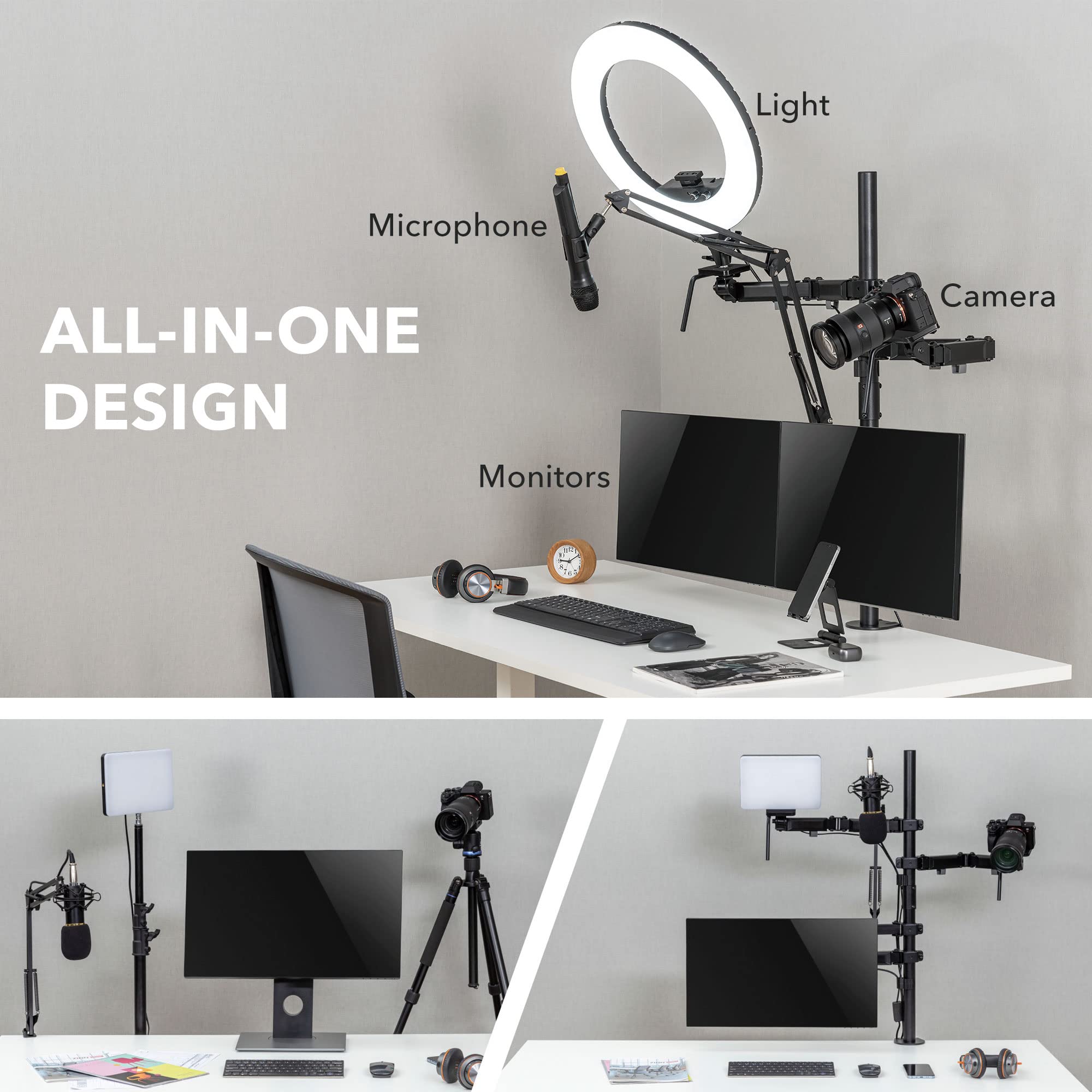 Mount It! All In One Live Streaming Equipment | 5 Arm Streaming Desk Mount That Holds Dual Monitors, Cameras And Ring Light With
