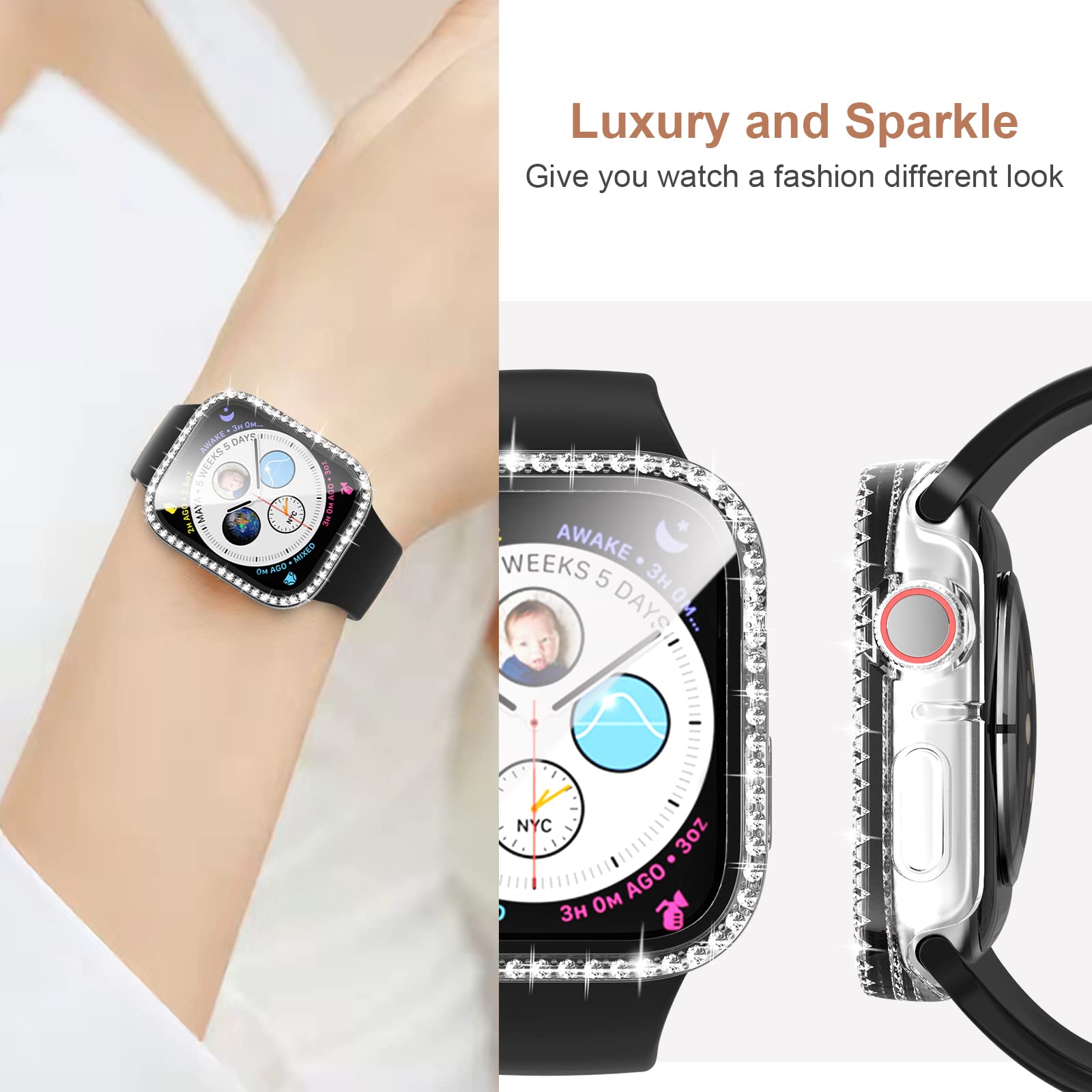 Cuteey 2 Pack Bling Case With Tempered Glass Screen Protector For Apple Watch Series 9 8 & Series 7 45Mm, All Round Full Protect