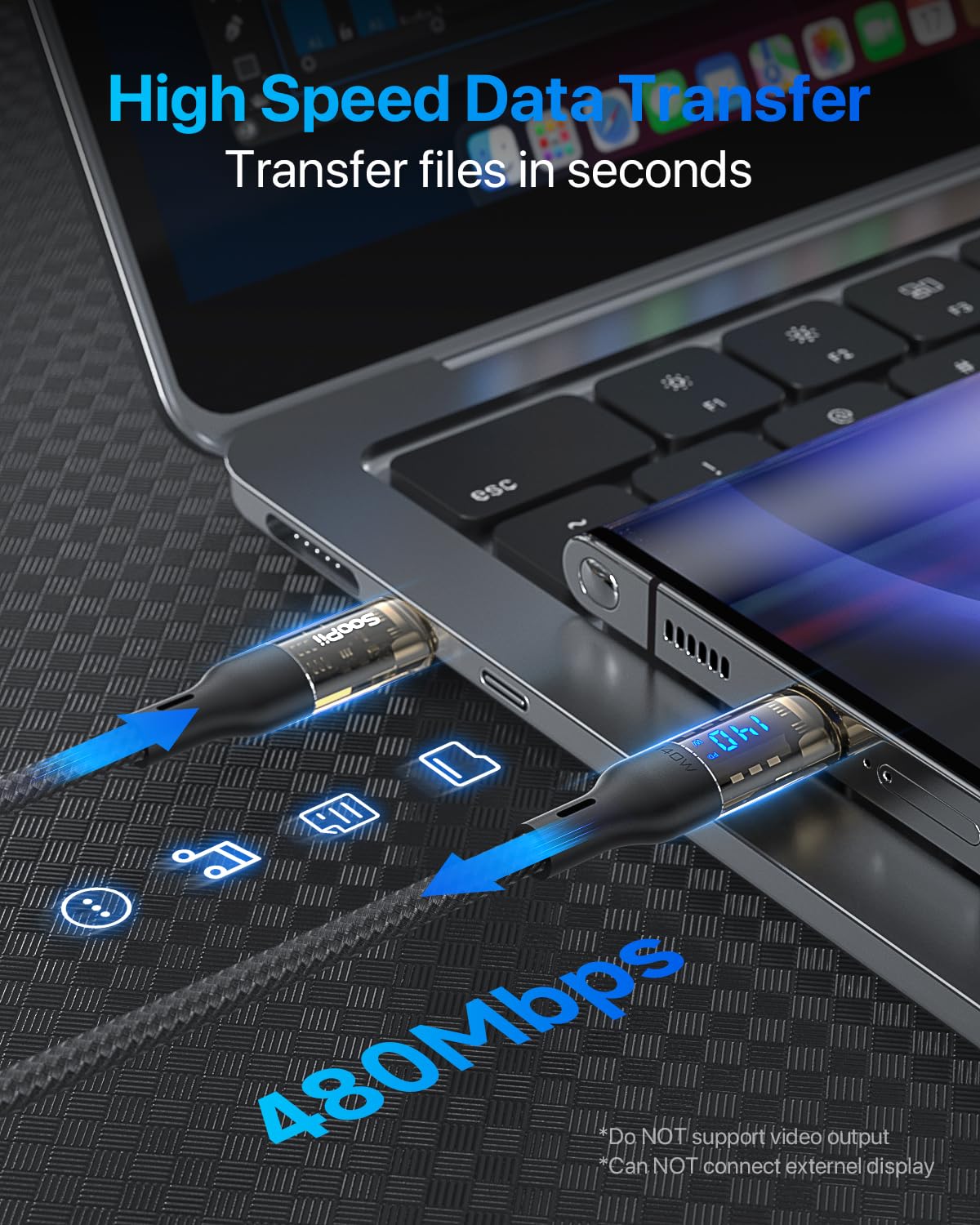 Soopii Usb C To Usb C Cable [140W 4Ft],Fast Charging Usb C Cable With Led Display For Macbook Pro,Lphone15/15Pro/15Promax,Galaxy