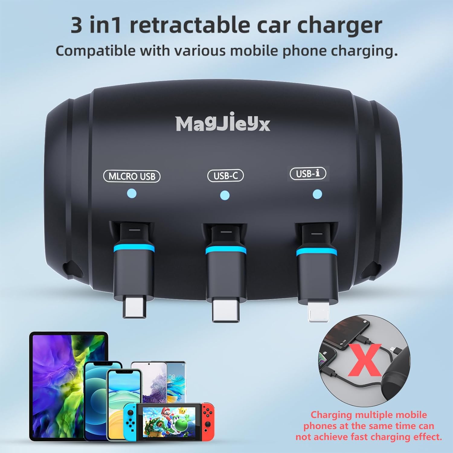 Magjieyx Multi Retractable Car Charger Station, Headrest 3 In 1 Charging Box Share Ride Dock For Backseat With Fast 36W Qc 3.0 C