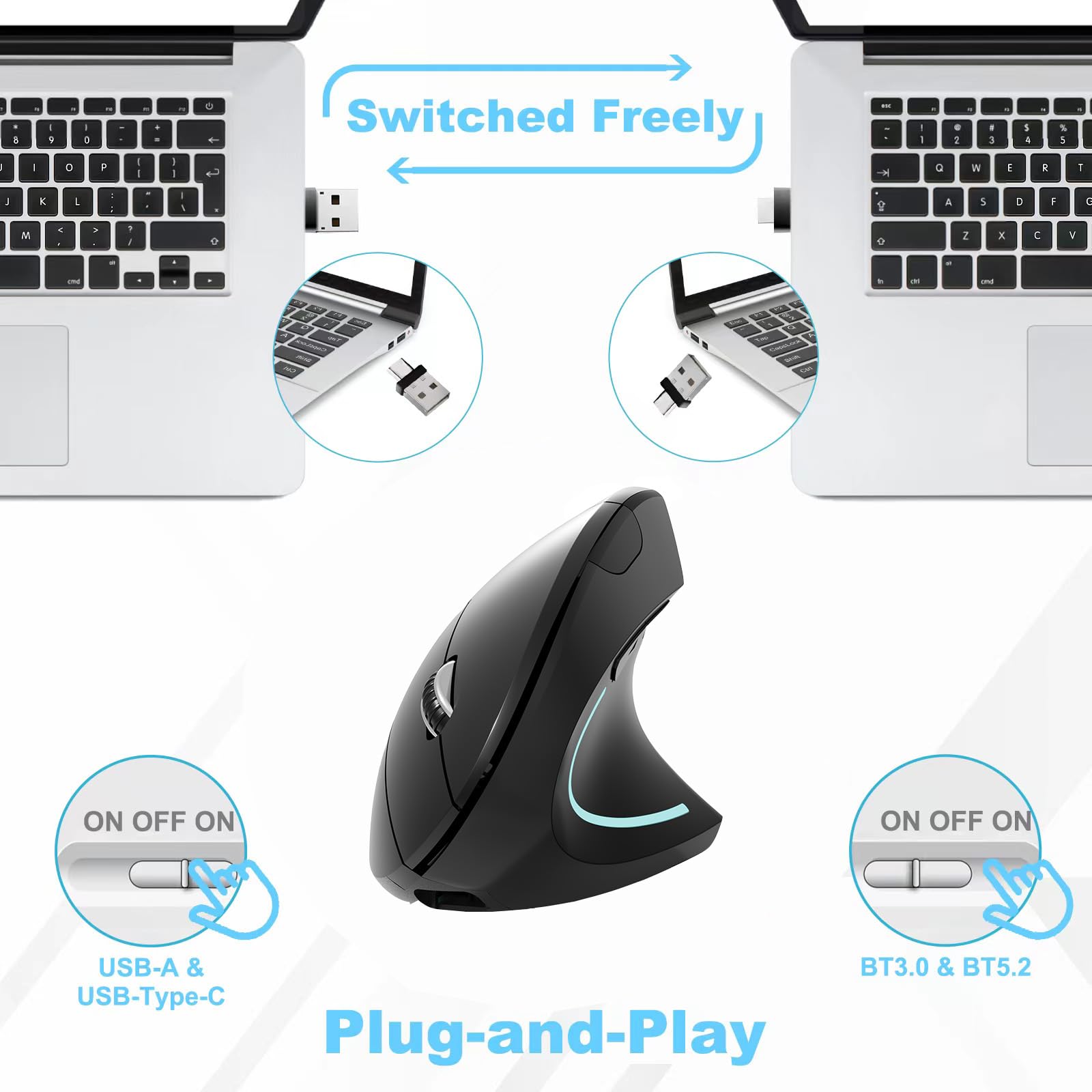 Totaiden Bluetooth Mouse,Type C And Usb 2.4G Wireless Vertical Mouse Rechargeable Ergonomic Mouse, 800/1200 /1600 Dpi, 5 Buttons