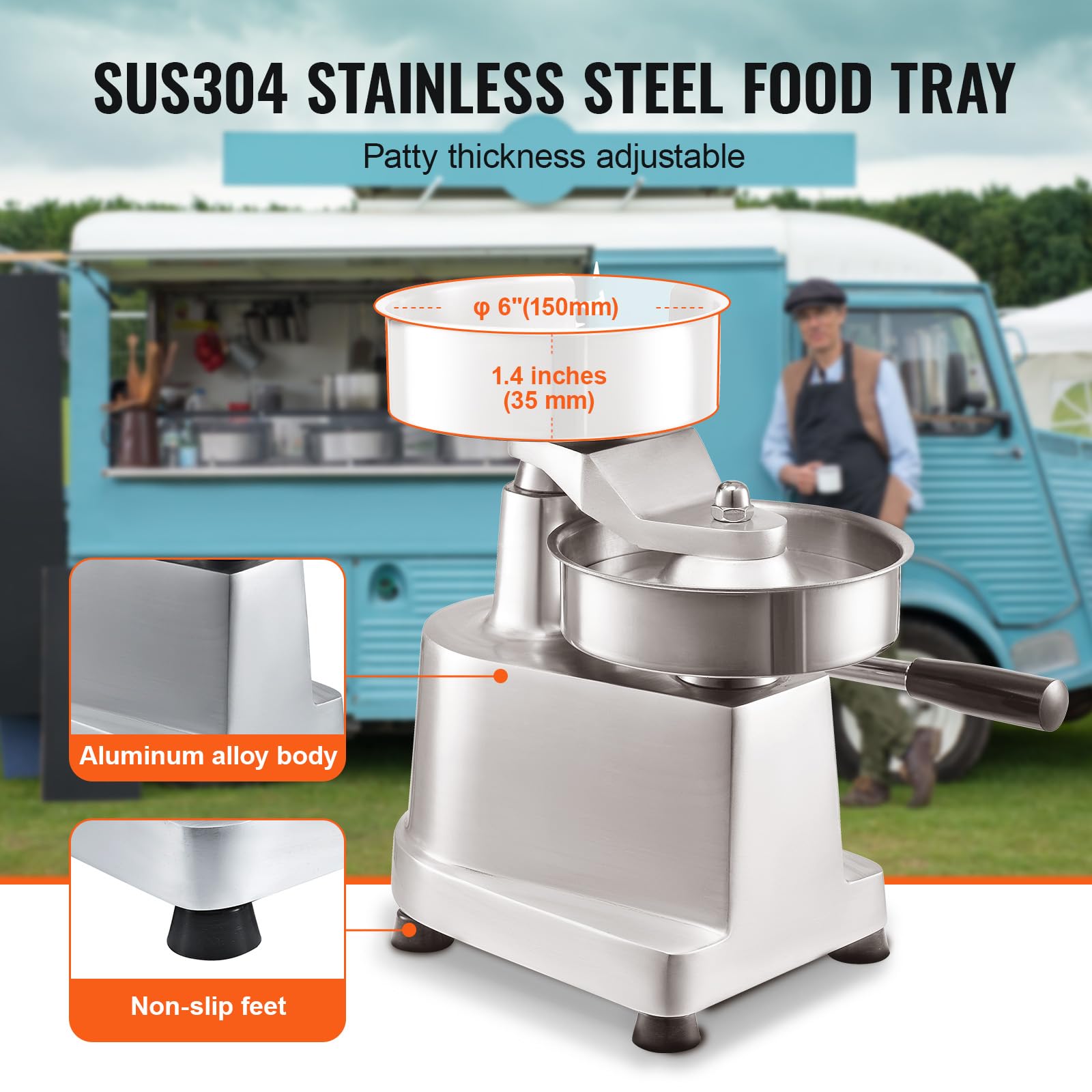 Vevor Commercial Burger Patty Maker, 150Mm/6Inch Hamburger Beef Patty Maker, Heavy Duty Food Grade Stainless Steel Bowl Burger P