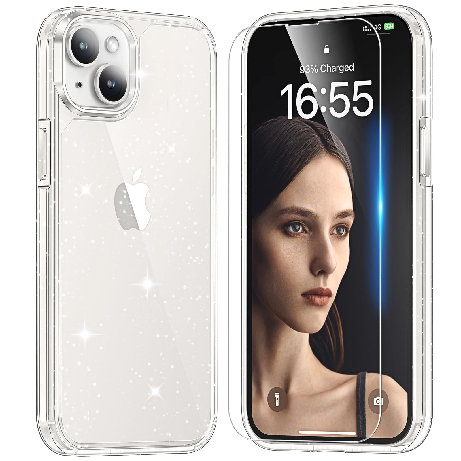 Tauri 3 In 1 For Iphone 14 Case Glitter, [Not Yellowing] With 2X Screen Protector, [Military Grade Drop Protection] Bling Cute S