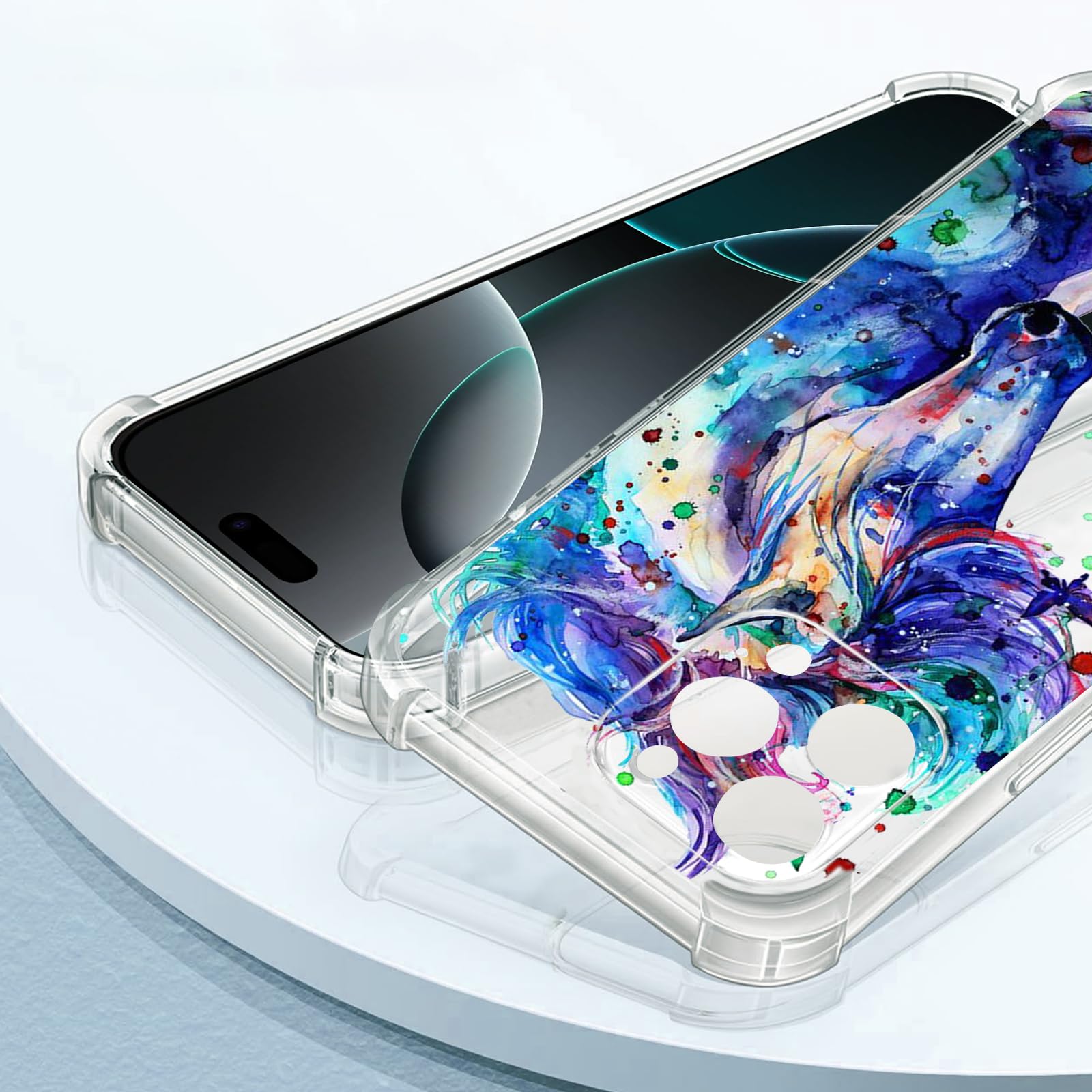 Roemary Purple Case For Iphone 16 Pro With Blue Horse Design,Watercolor Pattern With Screen Protector [Buffertech 6.6 Ft Drop Im