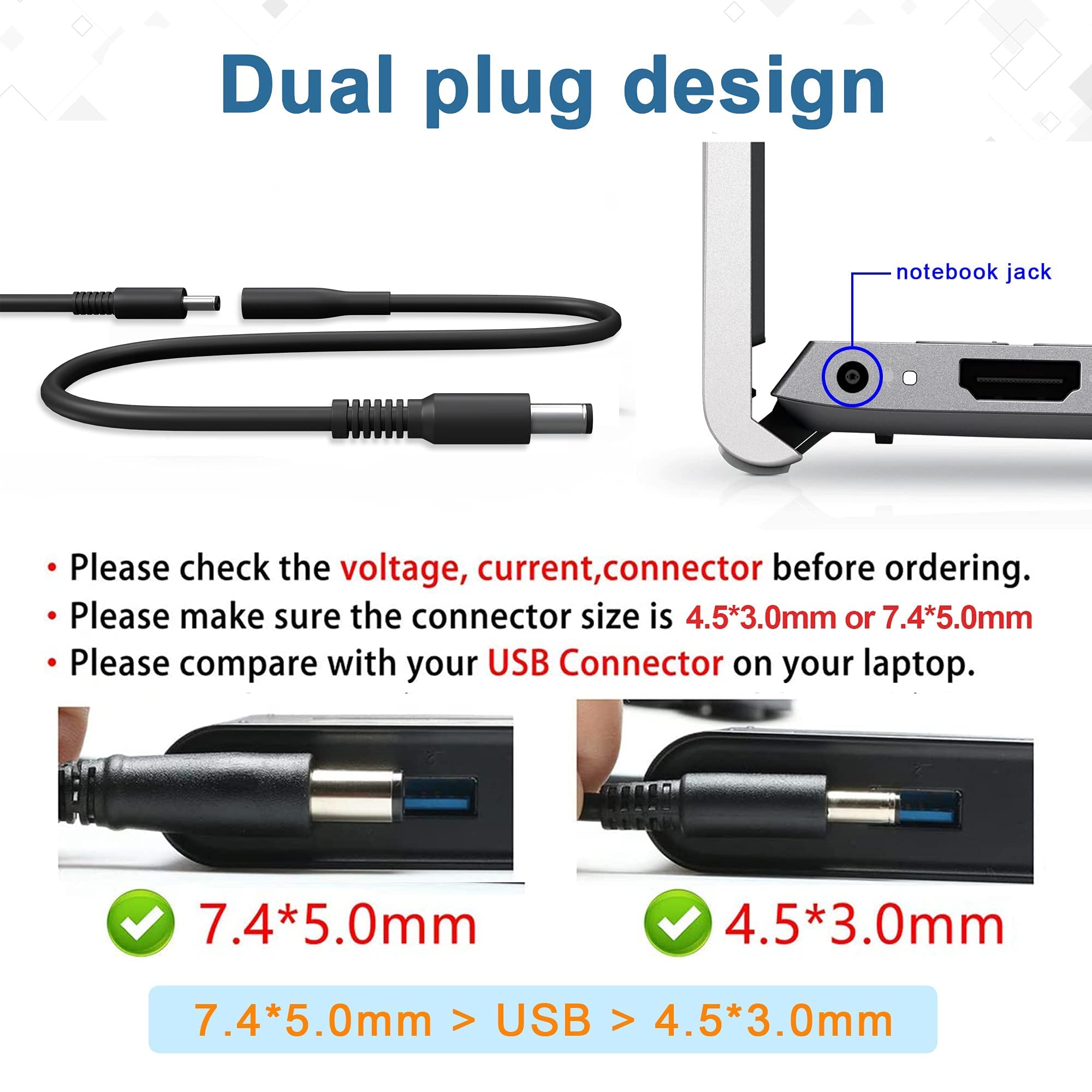 65W Dell Inspiron Charger,Replacement For All Round Connectors Dell Laptop Charger 65W/45W 15 3000 15 5000 15 7000 15 3552 Serie