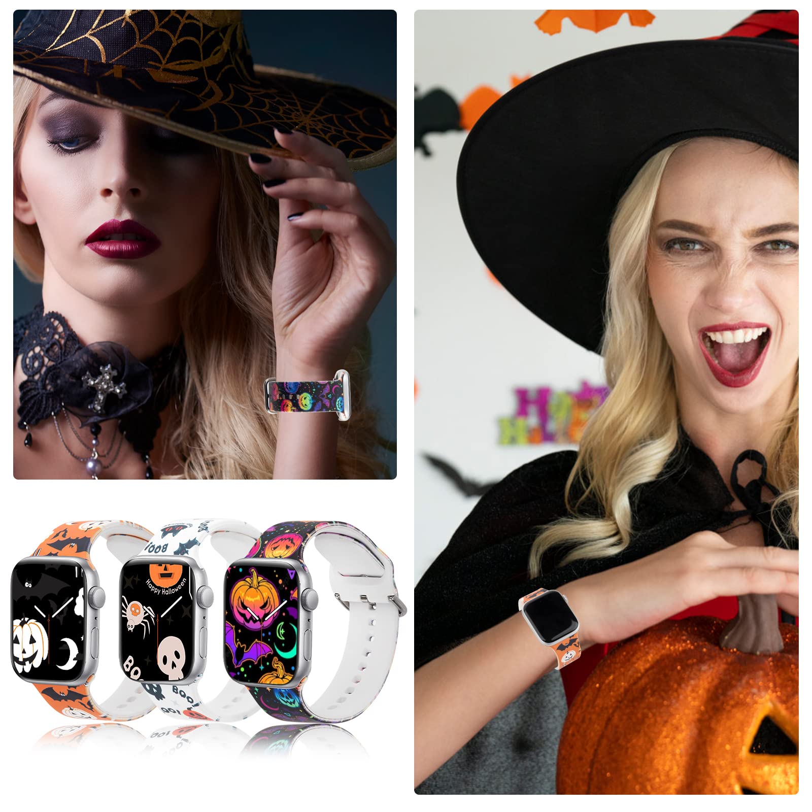 Halloween Band Compatible Apple Watch Women 3 Packs 42Mm/44Mm/45Mm 49Mm, Blingbrione Pumpkin Soft Silicone Glow Luminous Skull S