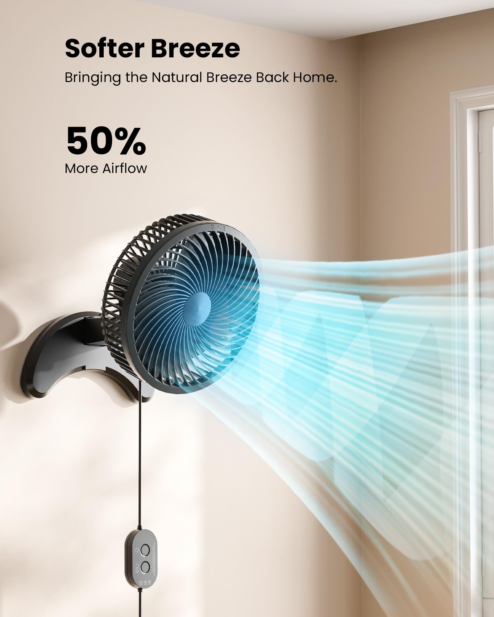 Koonie 8'' Wall Mount Fan, Quiet Small Wall Fan With Timer, 8.2Ft Wired Remote, 80 Oscillation, 100 Adjustable, 3 Speeds High Ve