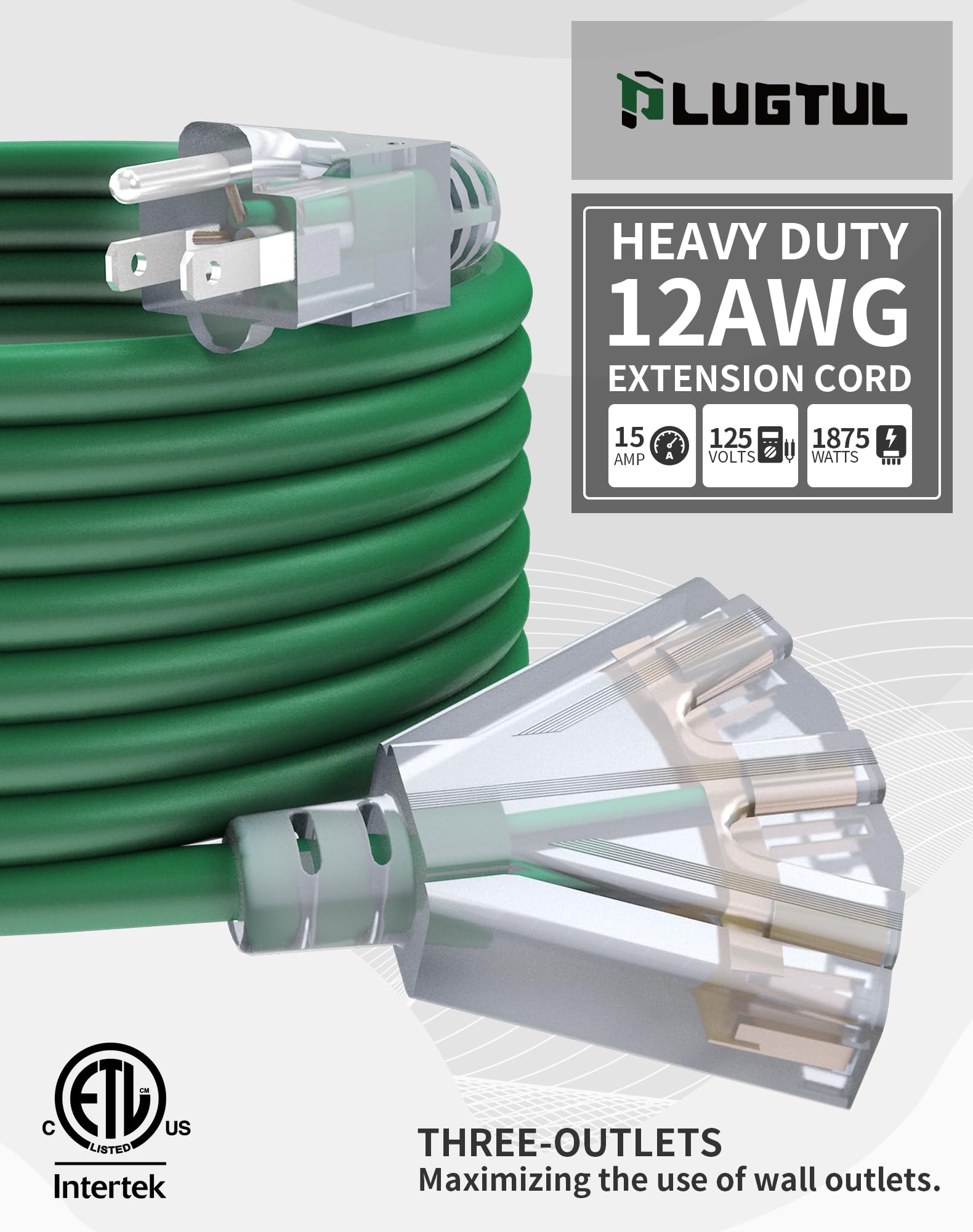 25Ft 12/3 Outdoor Extension Cord With 3 Outlets, Heavy Duty 12 Gauge 3 Prong Extension Cord Waterproof With Lighted End, 15A 12A