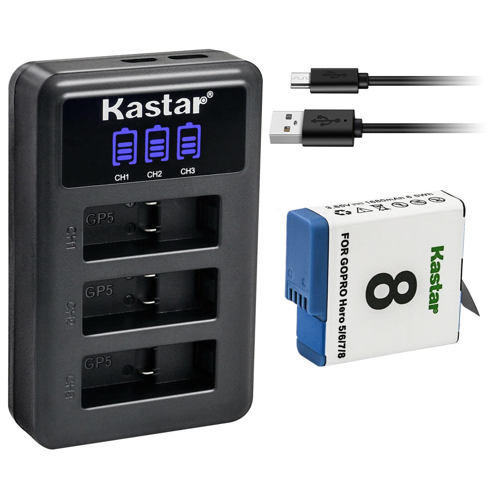 Kastar 1 Pack Battery and LCD Triple USB Charger Compatible with Gopro Hero 8 Action Camera, Hero 7 Action Camera, Hero 6 Action