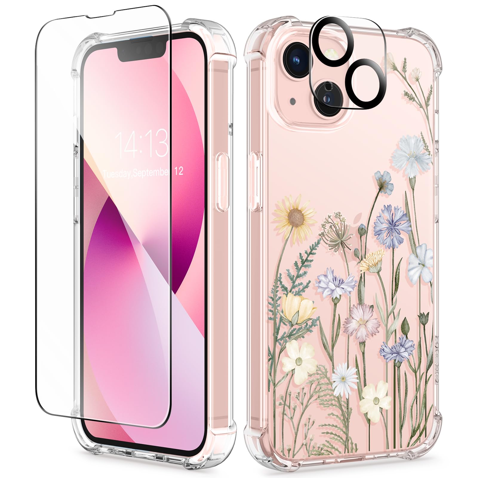 Gviewin Designed For Iphone 13 Case 6.1 Inch, With Tempered Glass Screen Protector + Camera Lens Protector Clear Flower Soft & F