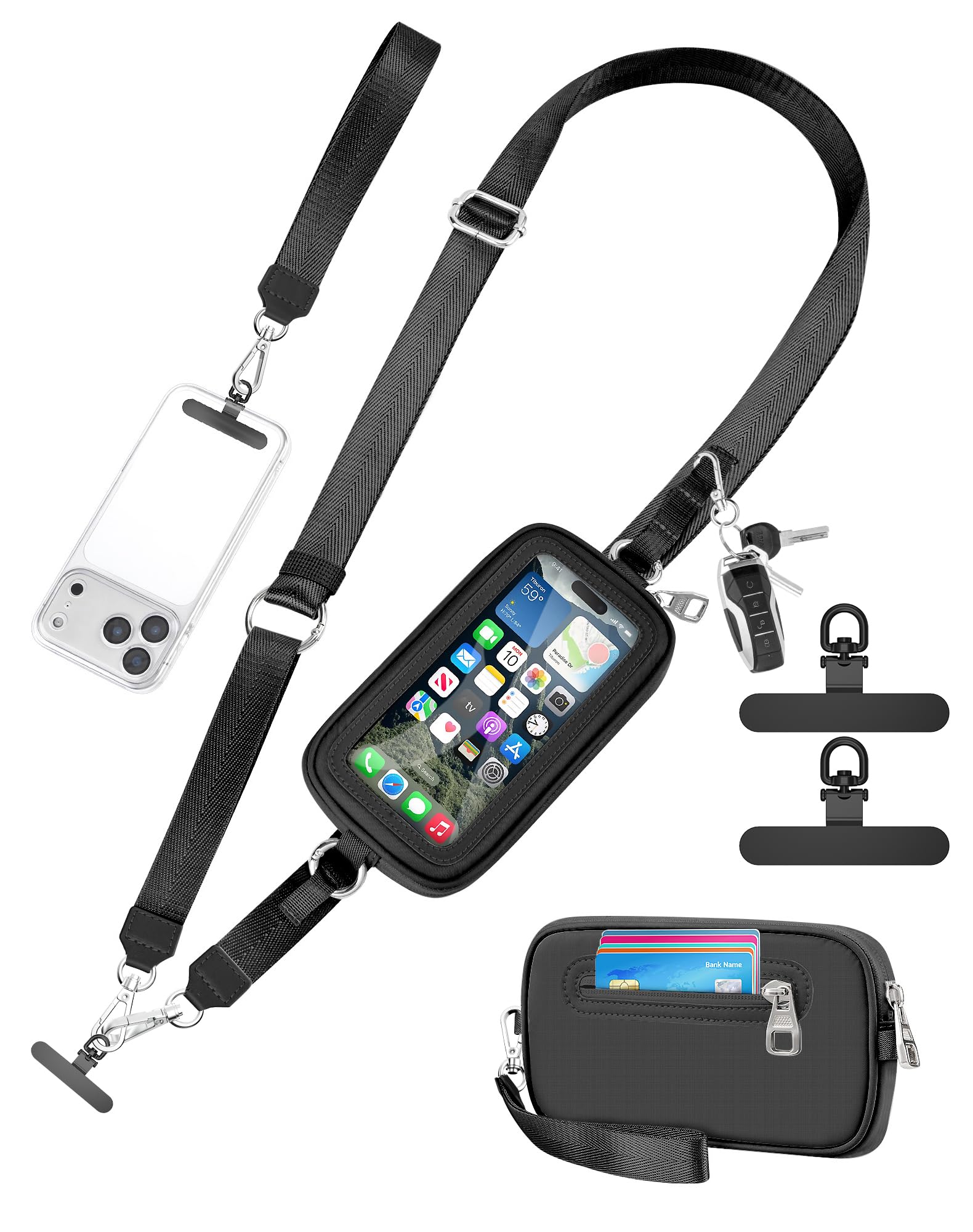 Clip and Go Strap for Phone with Wallet Crossbody, Adjustable Neck Lanyard, Detachable Wristlet Wallet with Zipper Phone Screen 