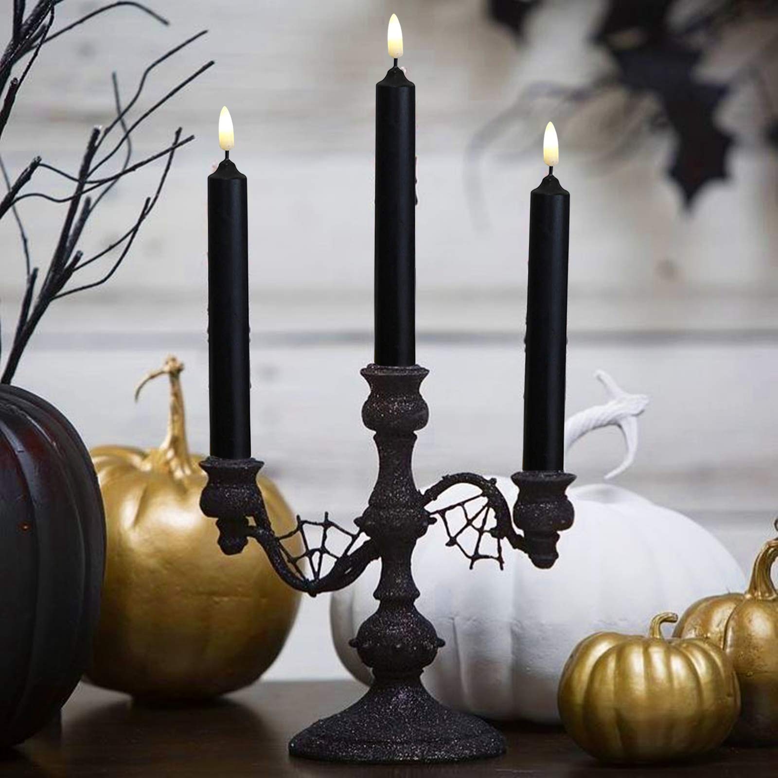 Nonno & Zgf 6Pack Real Wax Black Flameless 8'' Battery Powered Windows Candles With Remote And Timer & Candlestick. Removable Bl